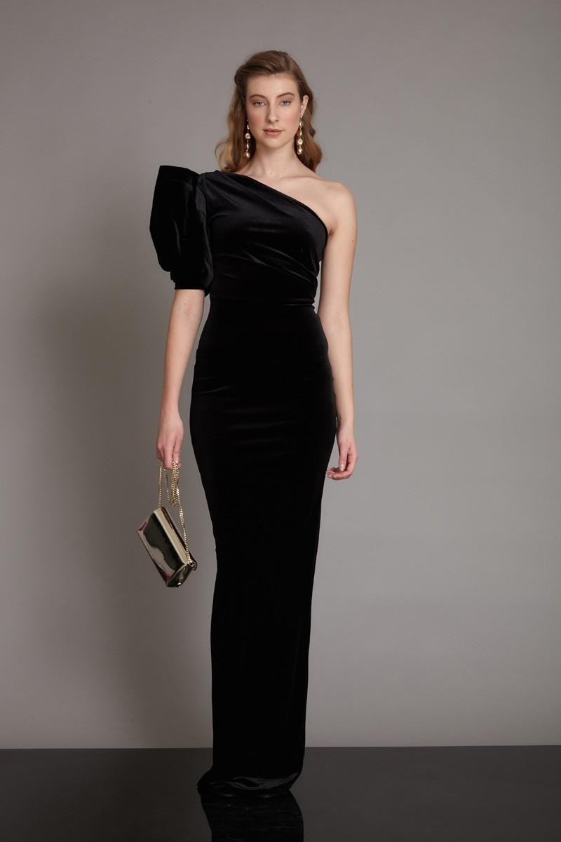 Black velvet strapless maxi dress