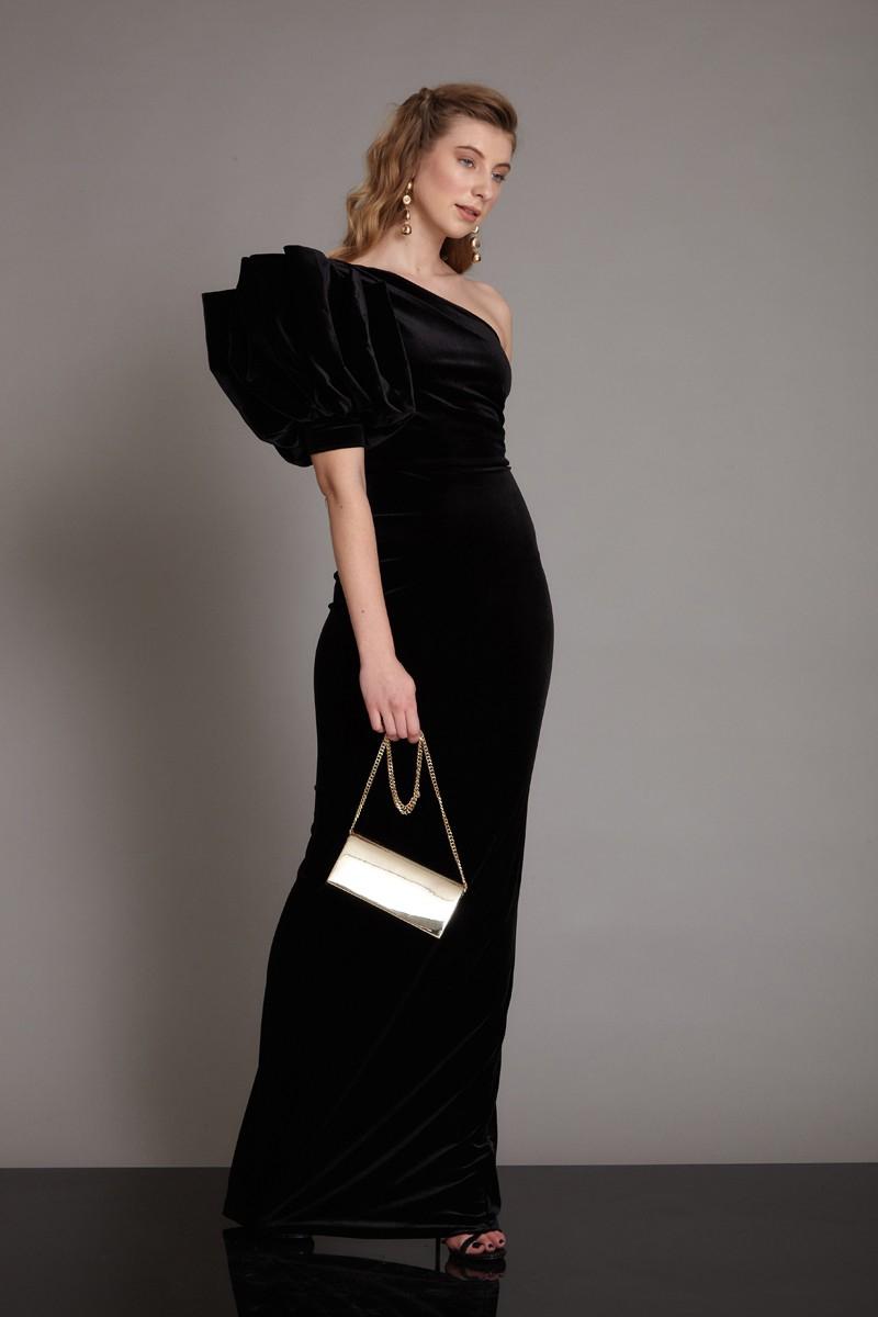 Black velvet strapless maxi dress