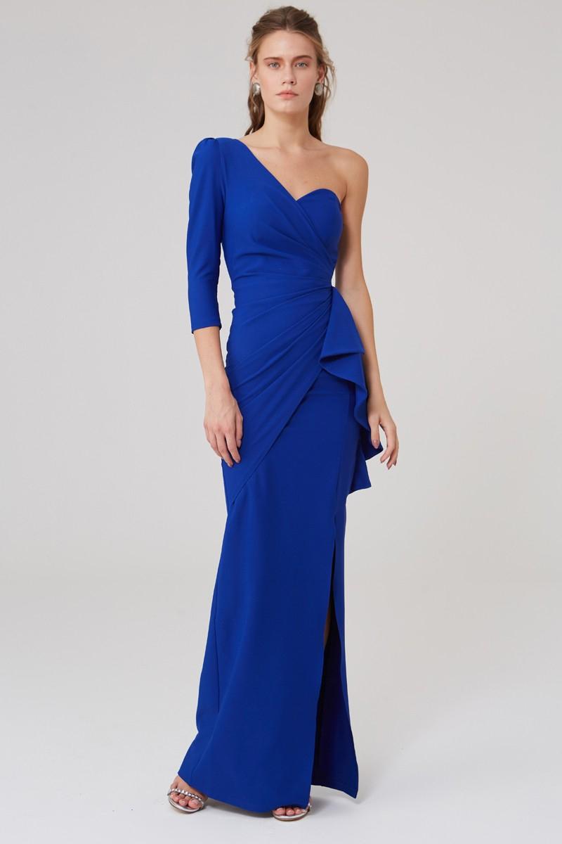 Blue crepe single sleeve maxi dress