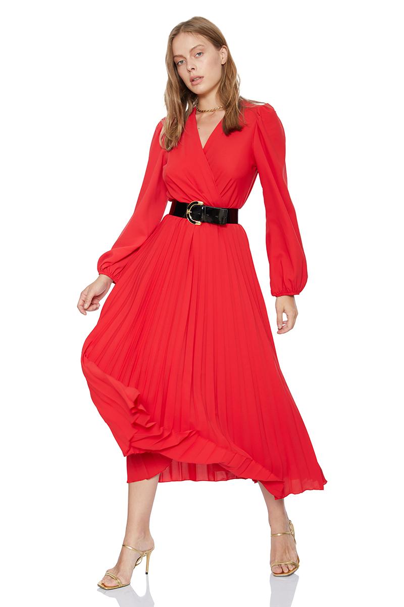 Red crepe long sleeve midi dress