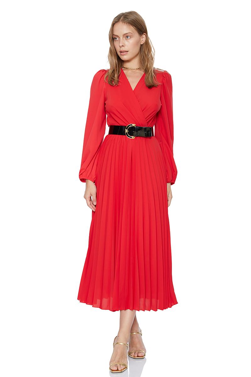 Red crepe long sleeve midi dress