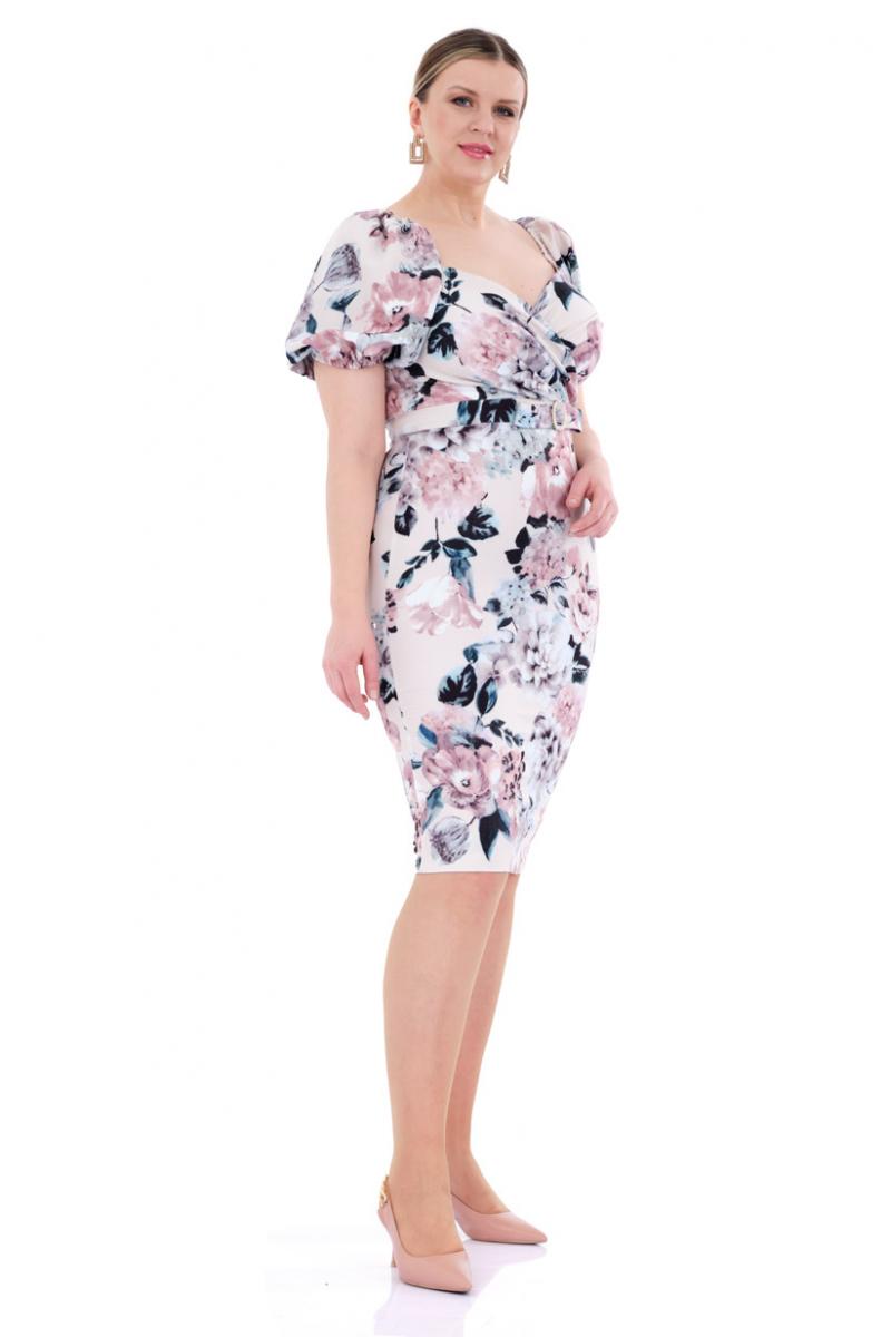 Printed plus size crepe short sleeve midi dress