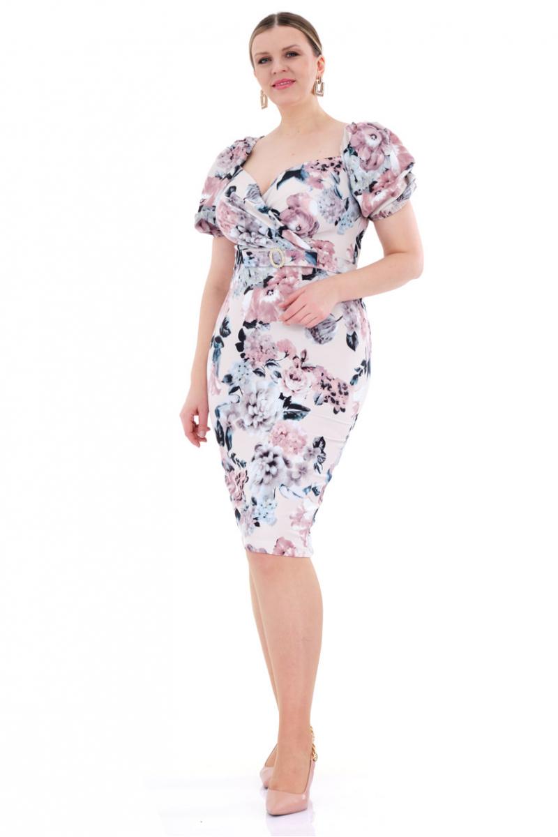 Printed plus size crepe short sleeve midi dress