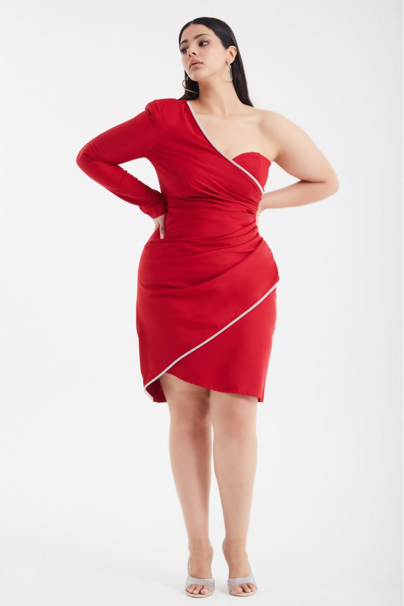 Red plus size crepe single sleeve mini dress