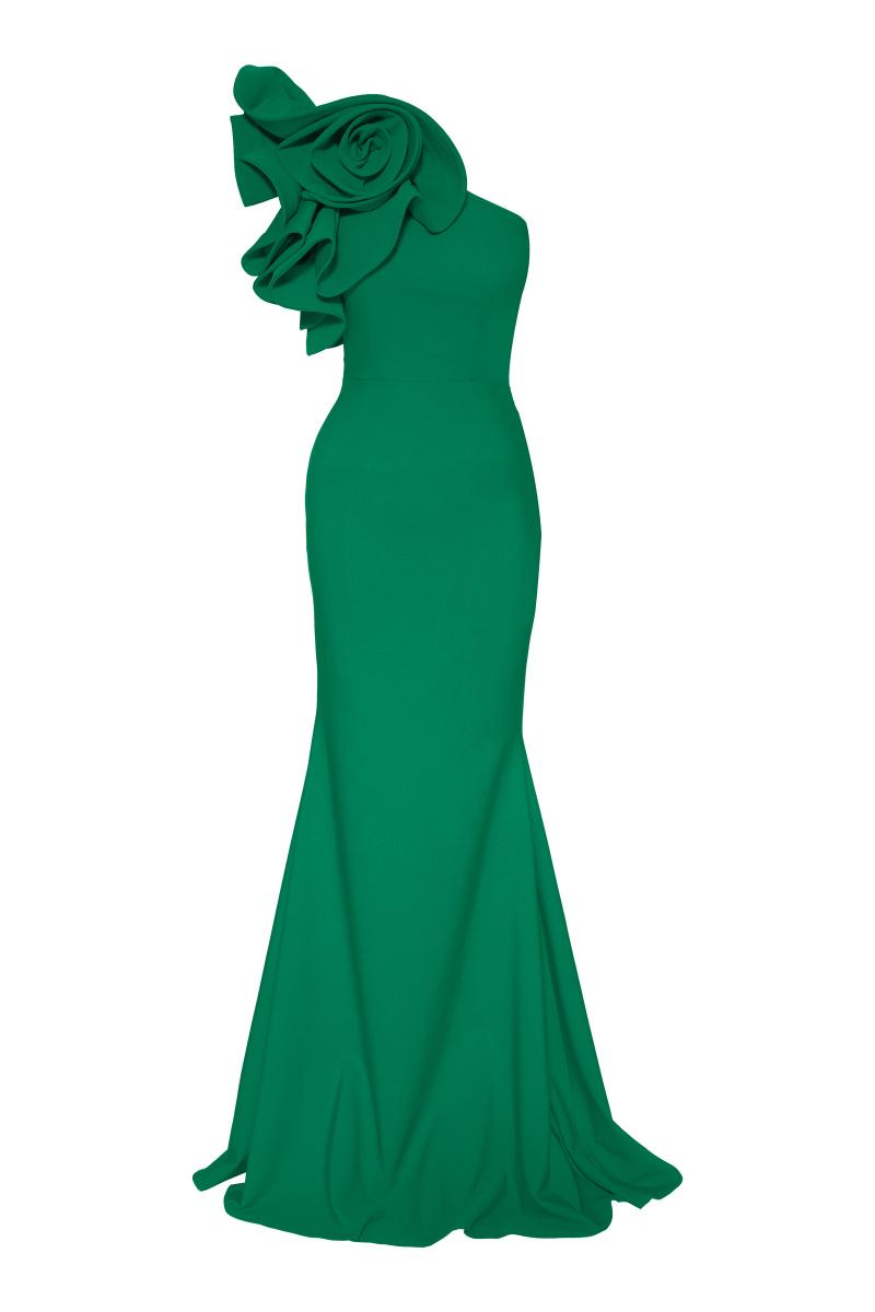 Green crepe single sleeve maxi dress