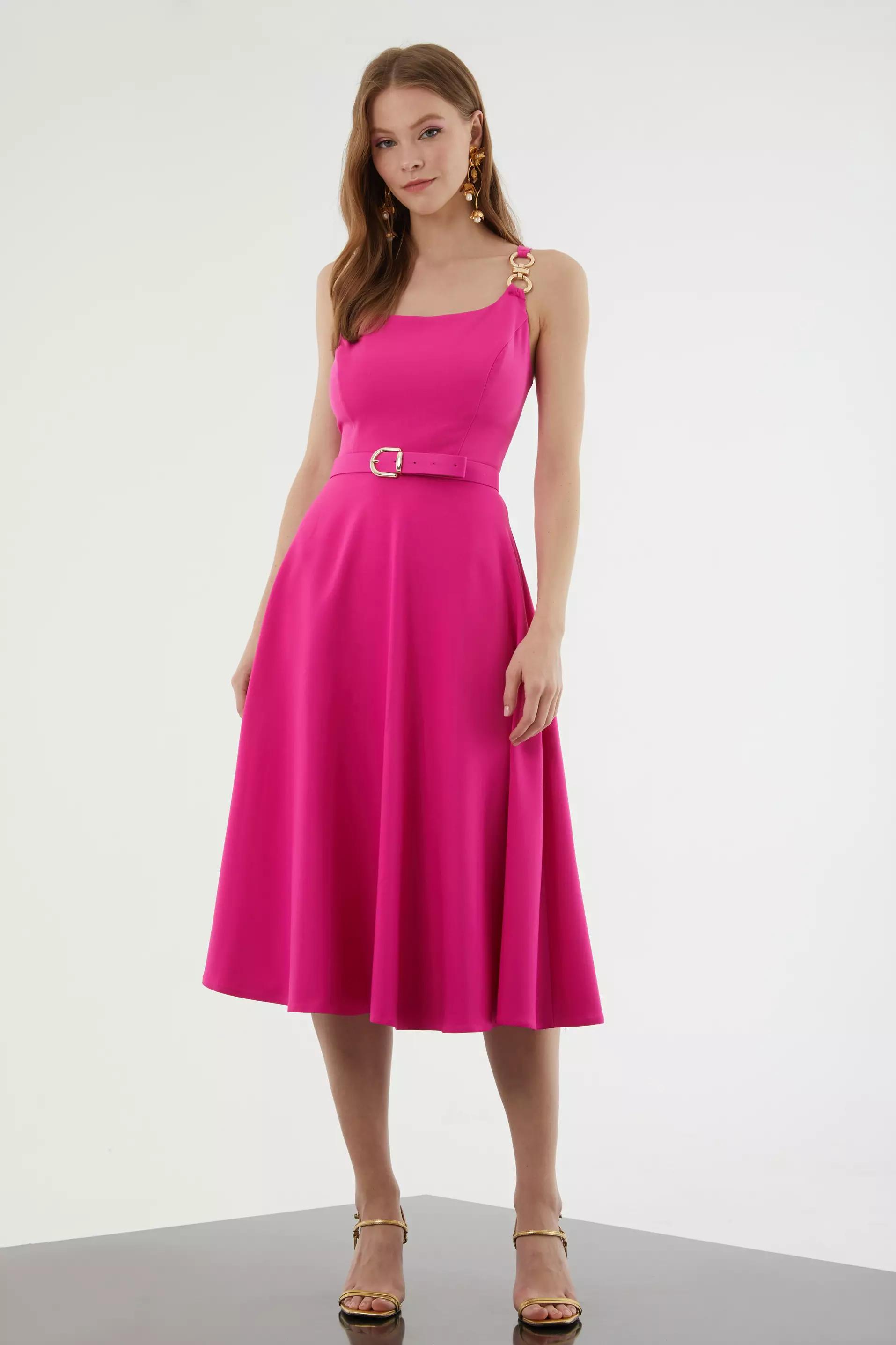 Fuchsia crepe sleeveless midi dress