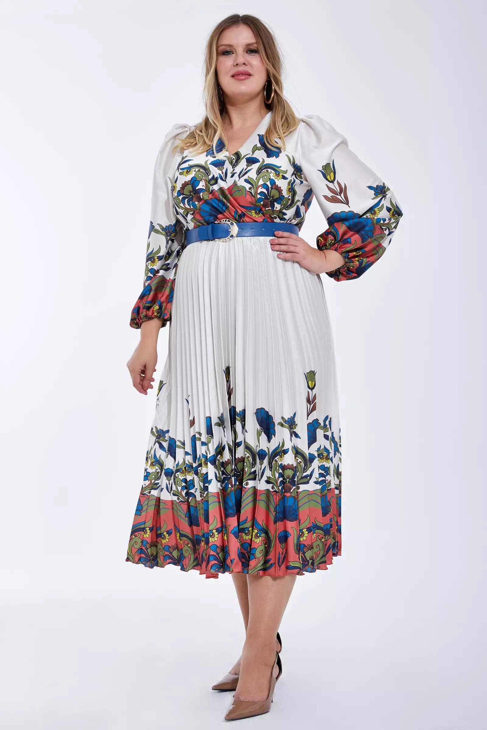 Printed plus size satin long sleeve midi dress