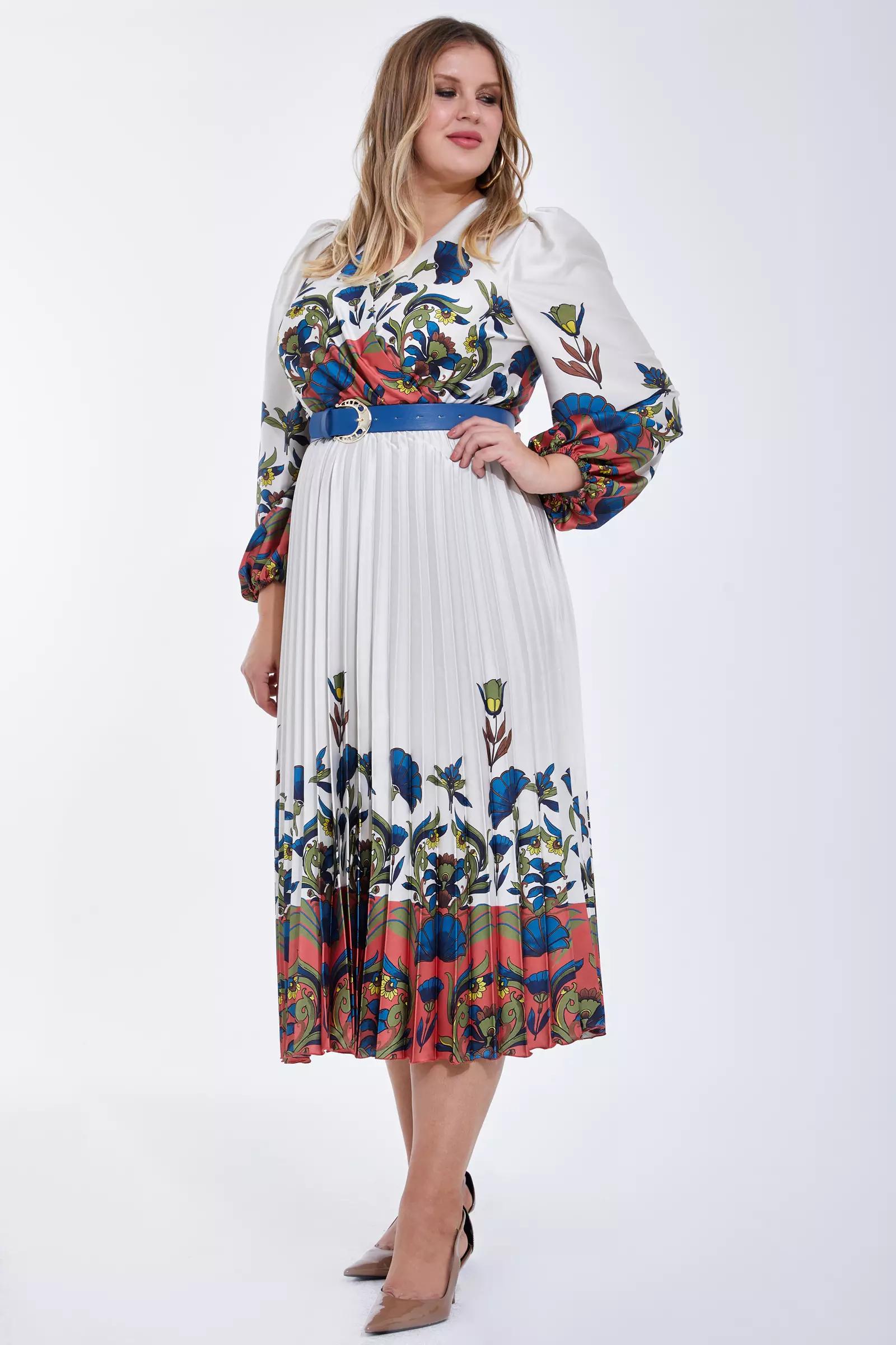 Printed plus size satin long sleeve midi dress