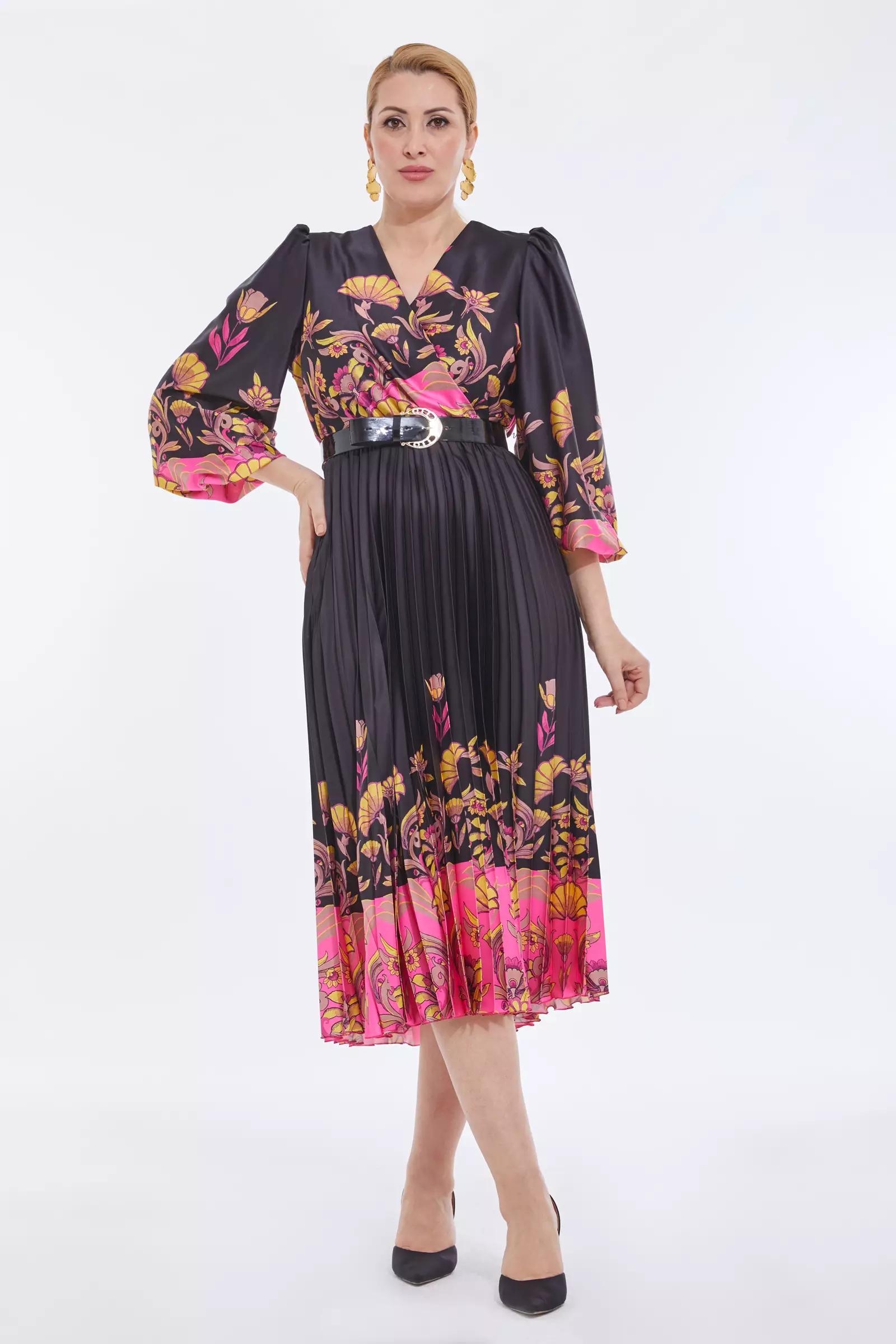 Printed plus size satin long sleeve midi dress