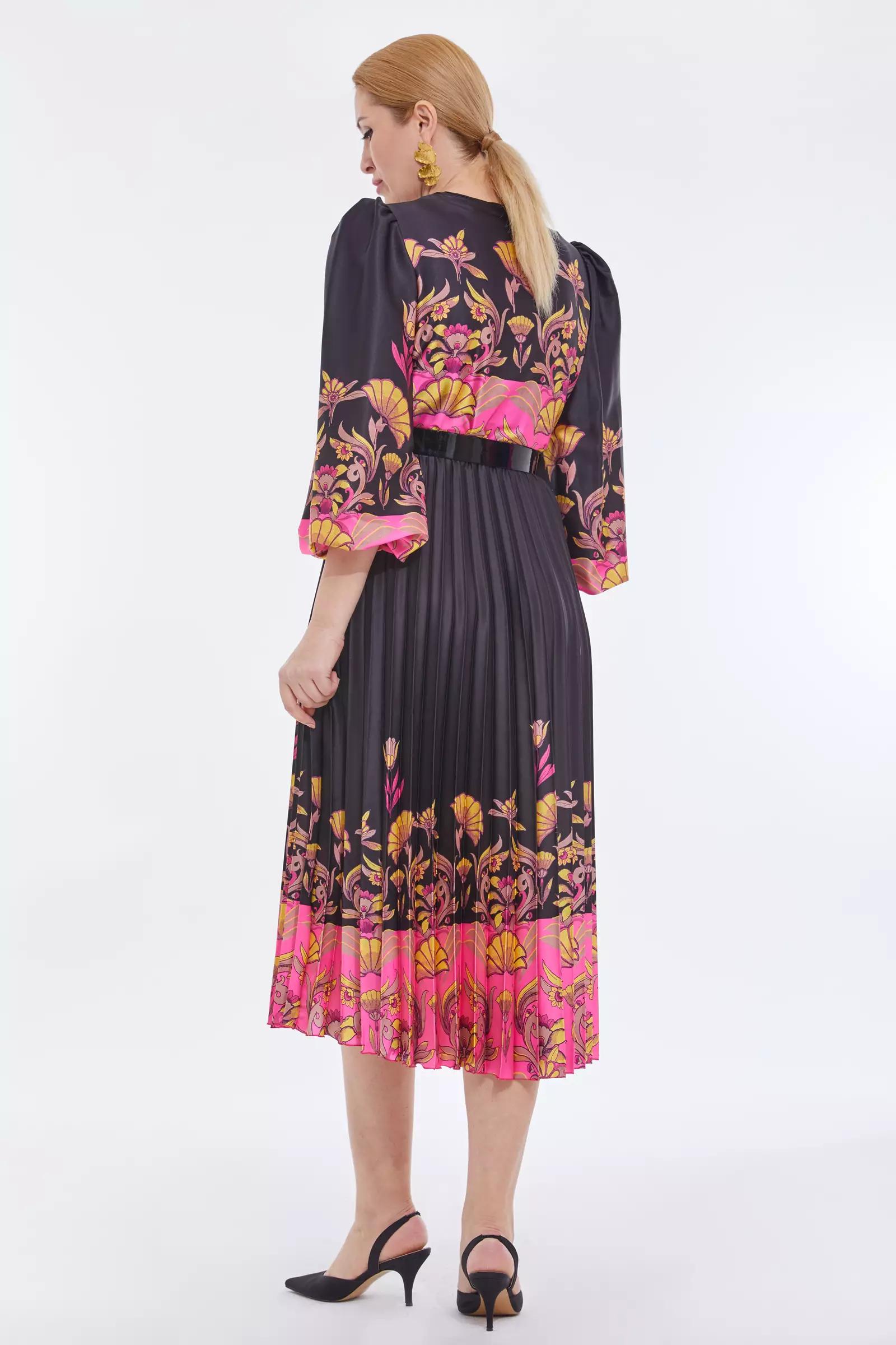 Printed plus size satin long sleeve midi dress