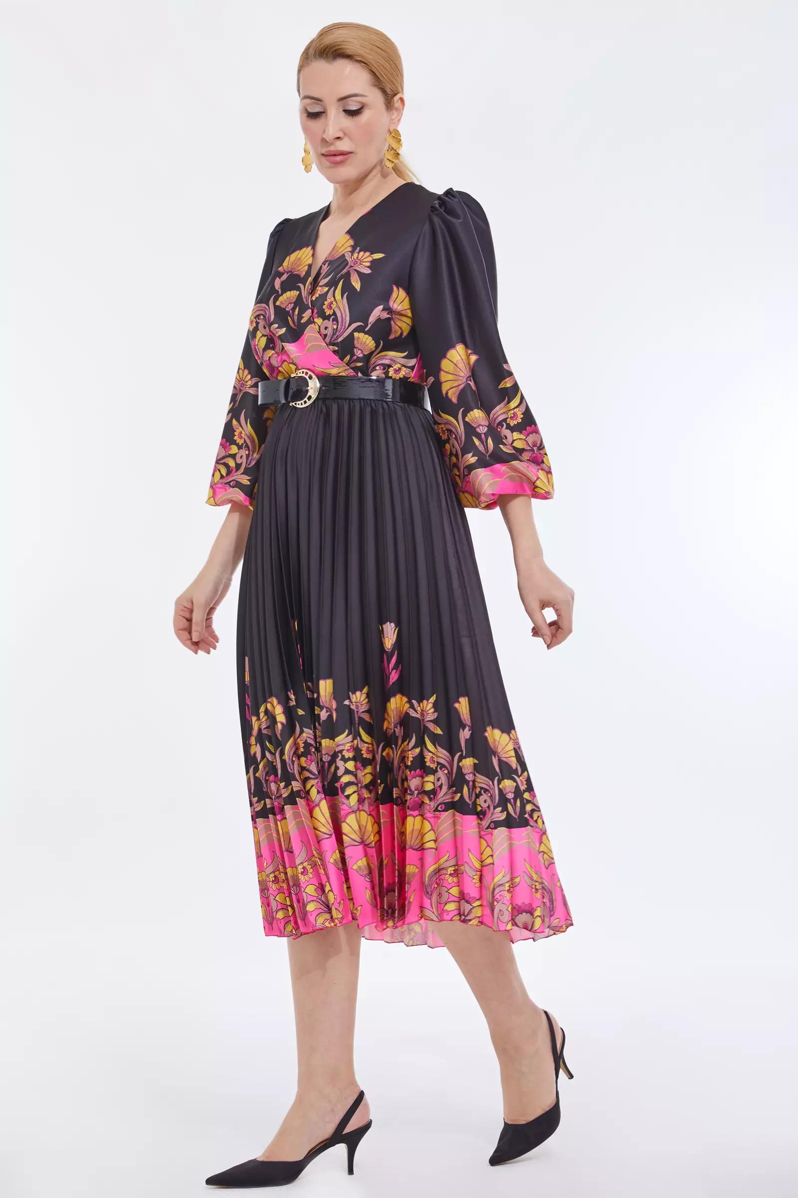 Printed plus size satin long sleeve midi dress