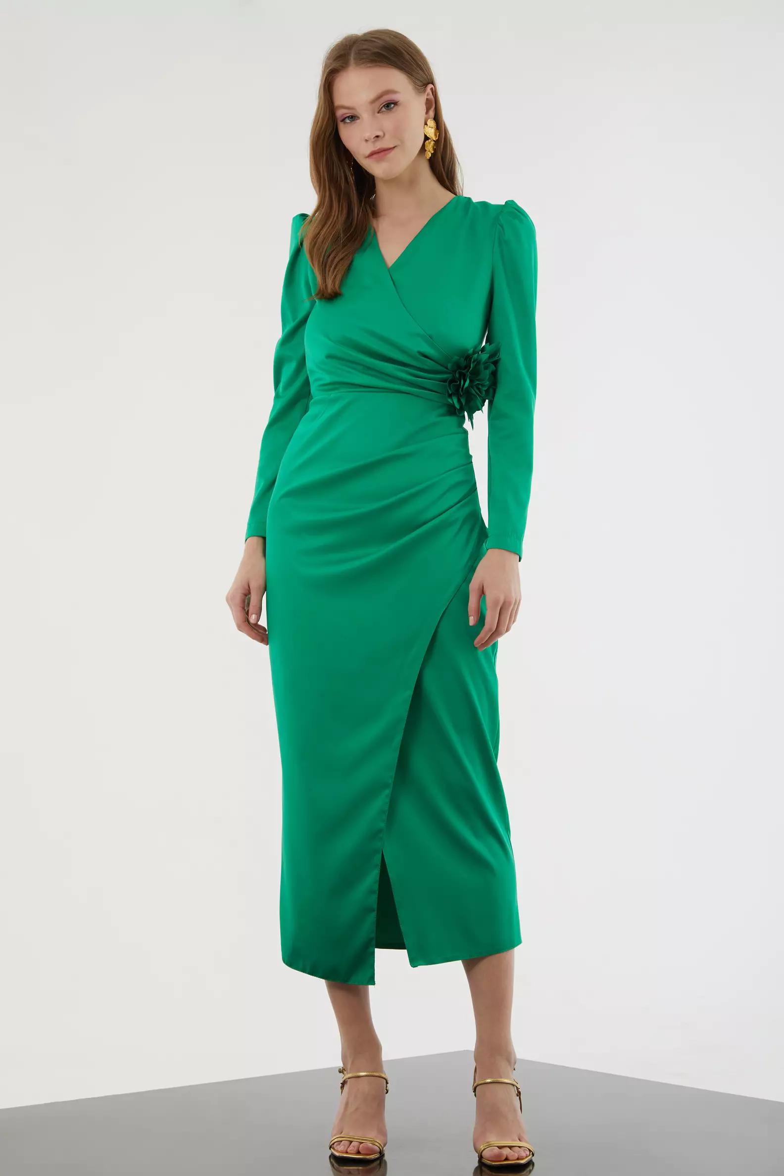 Green satin long sleeve midi dress