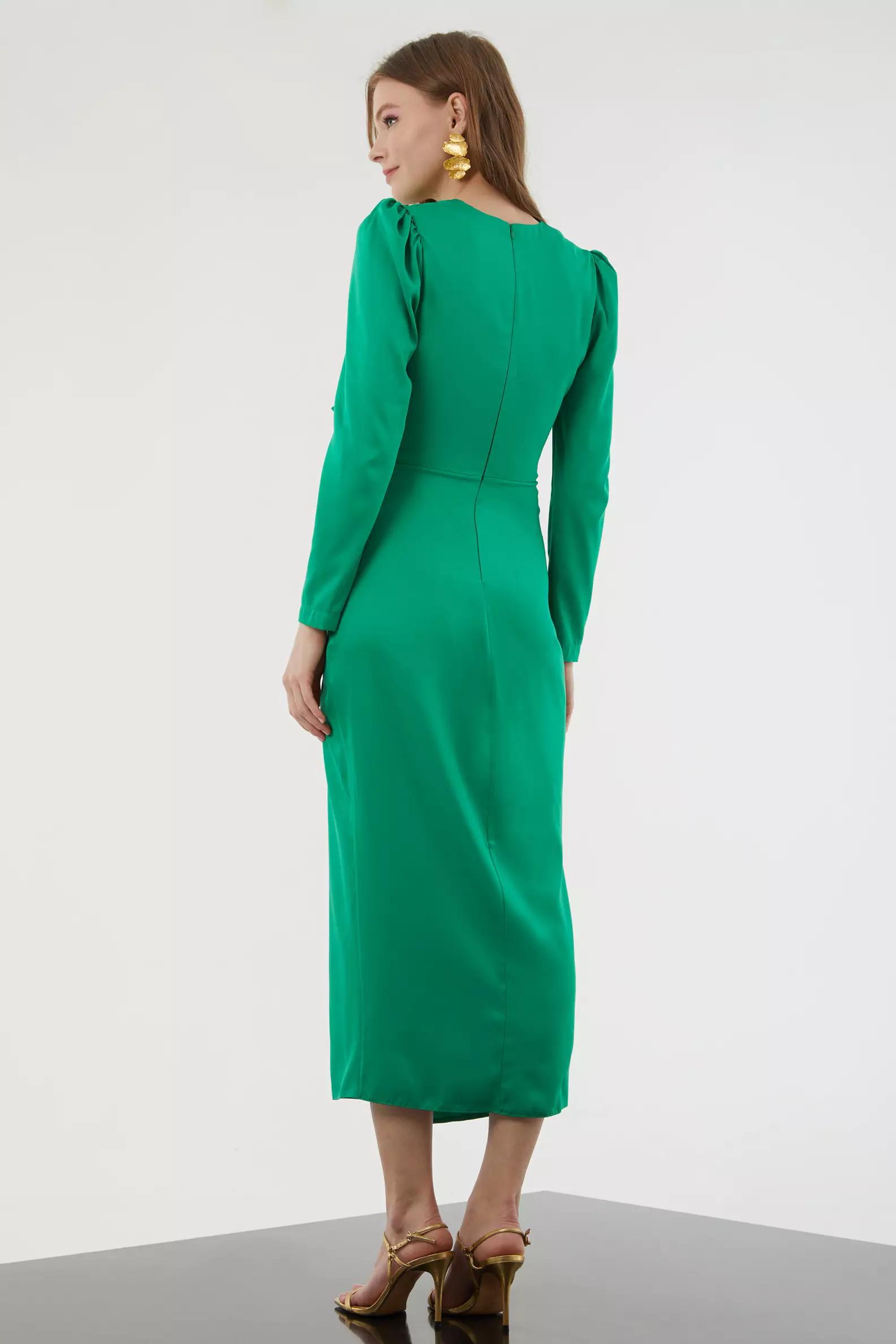 Green satin long sleeve midi dress