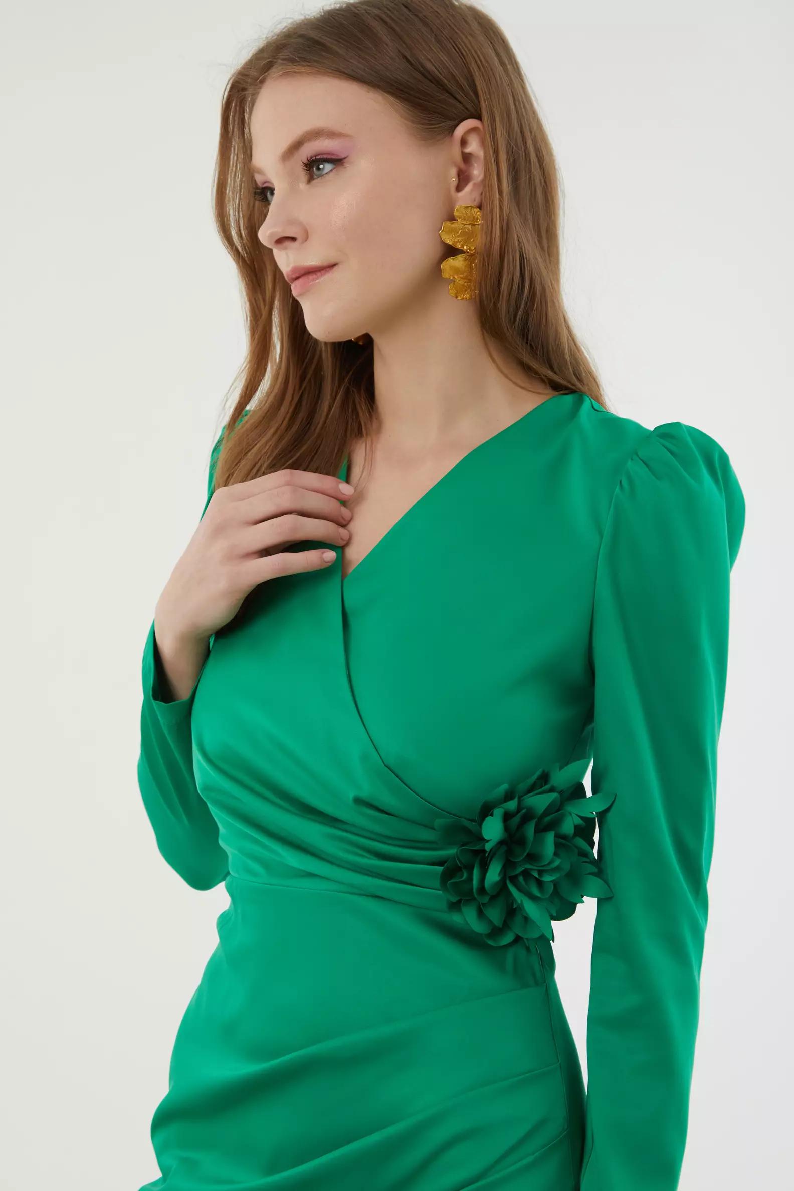 Green satin long sleeve midi dress