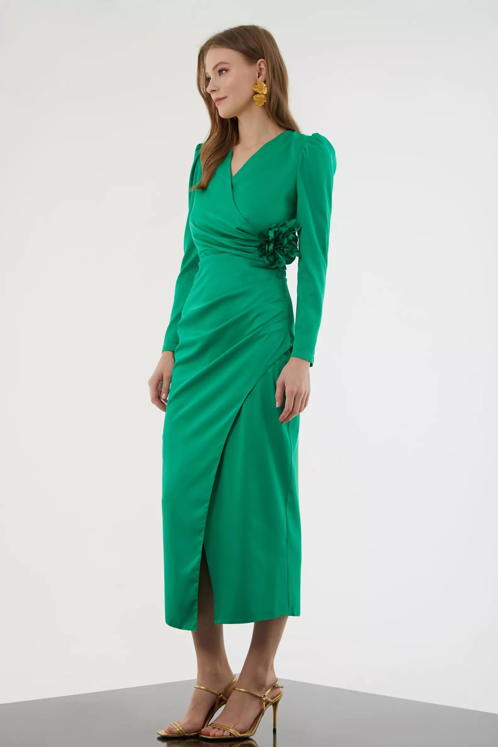 Green satin long sleeve midi dress