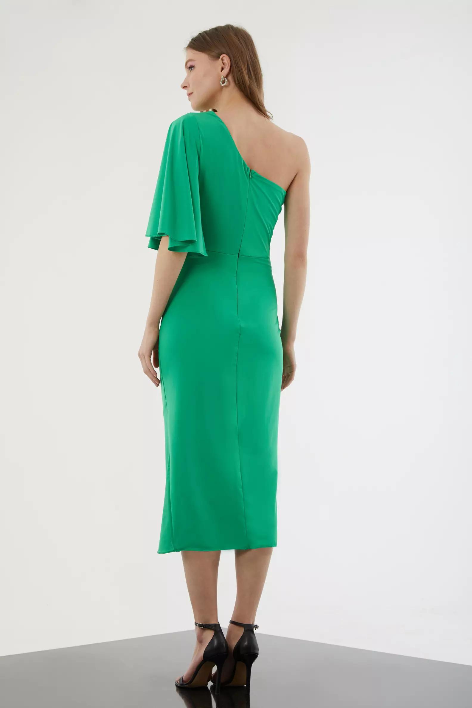 Green sandy single sleeve midi dress