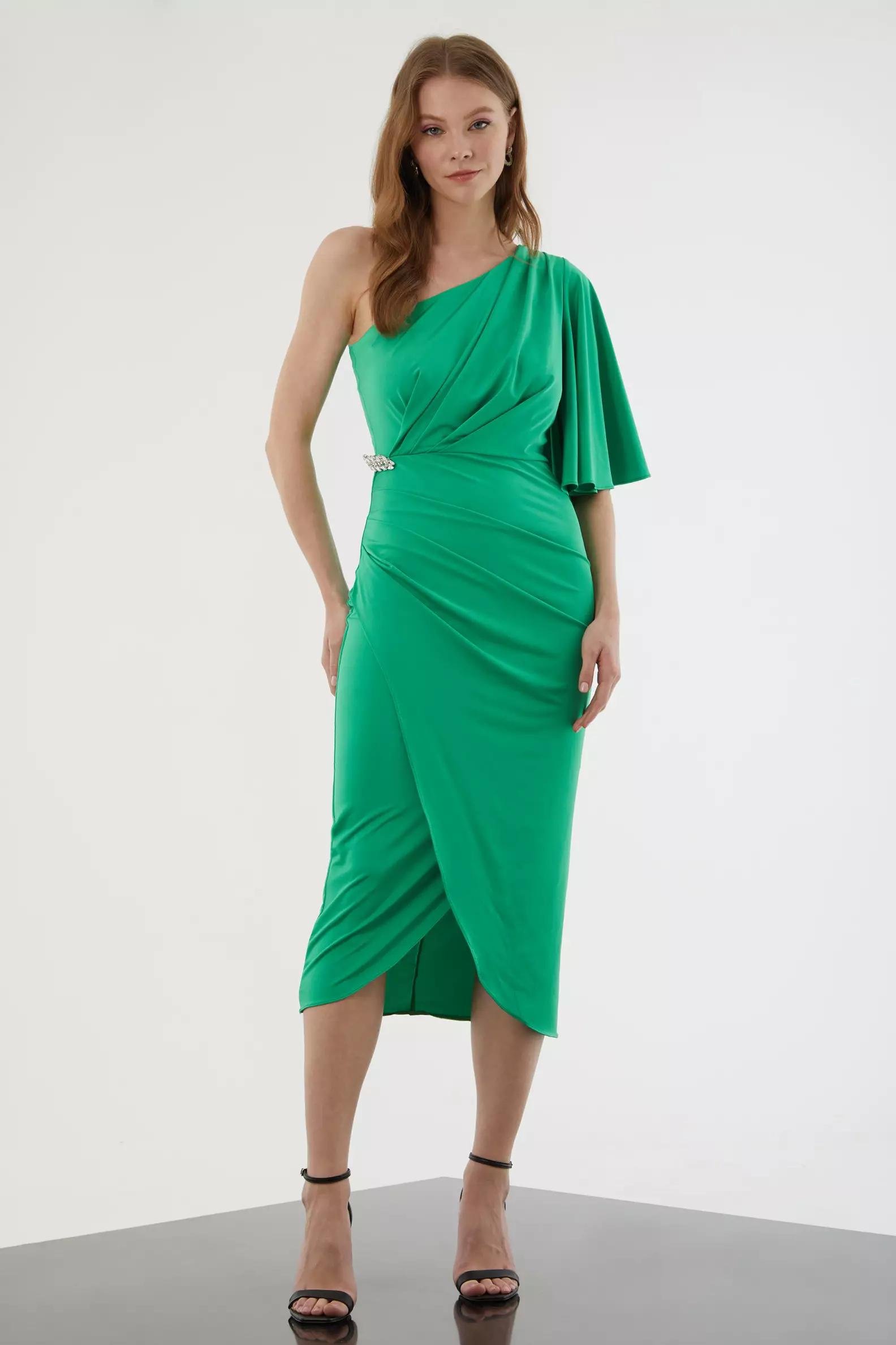 Green sandy single sleeve midi dress