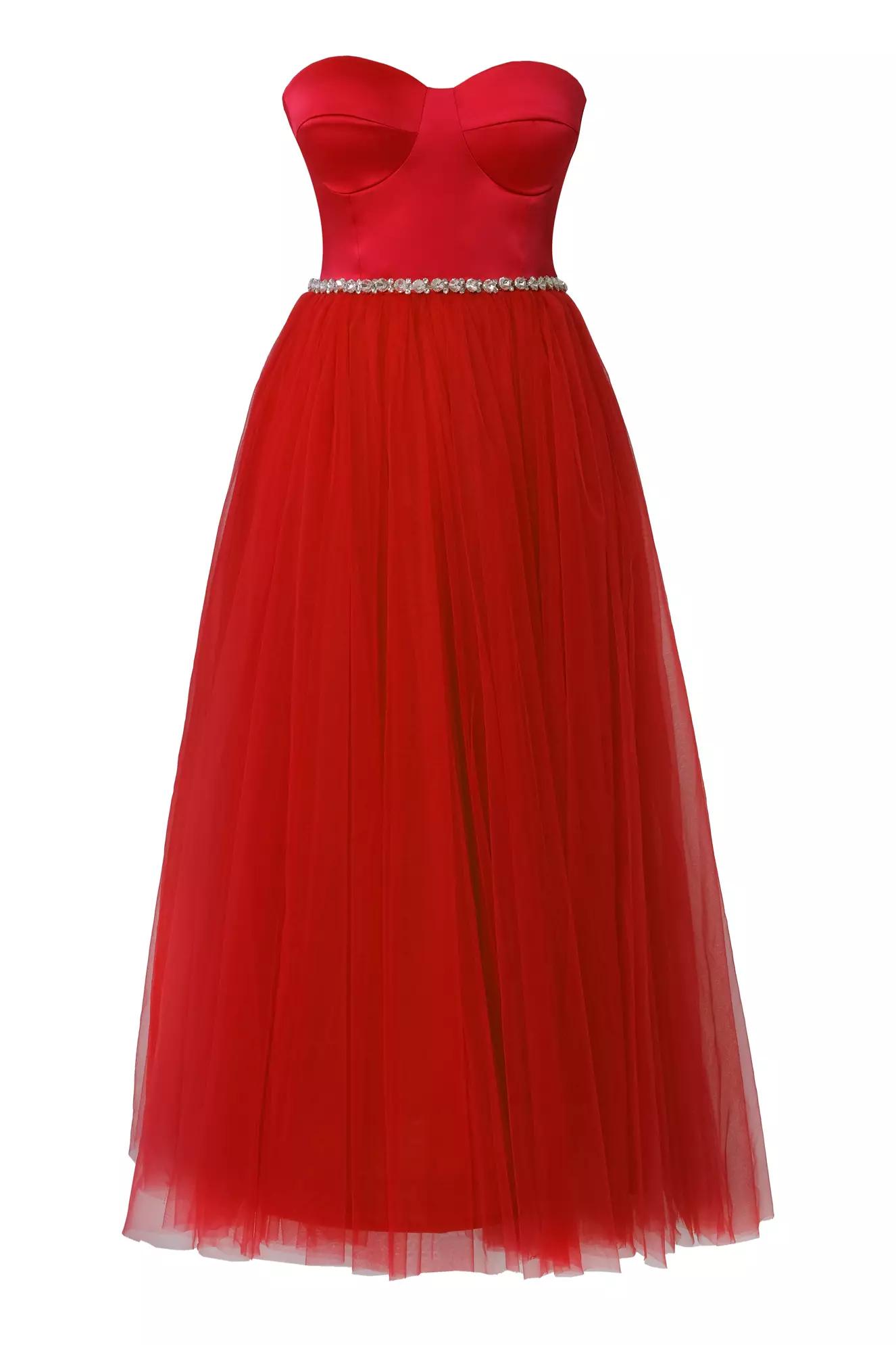 Red satin strapless long dress