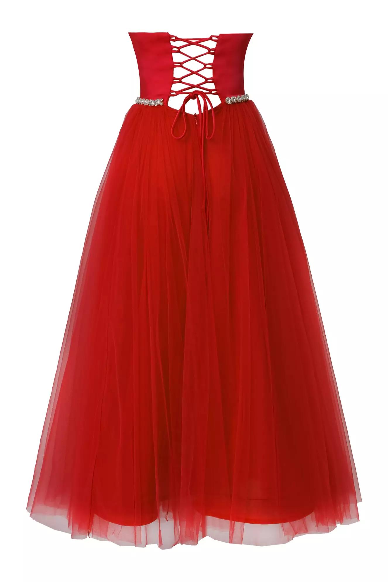 Red satin strapless long dress