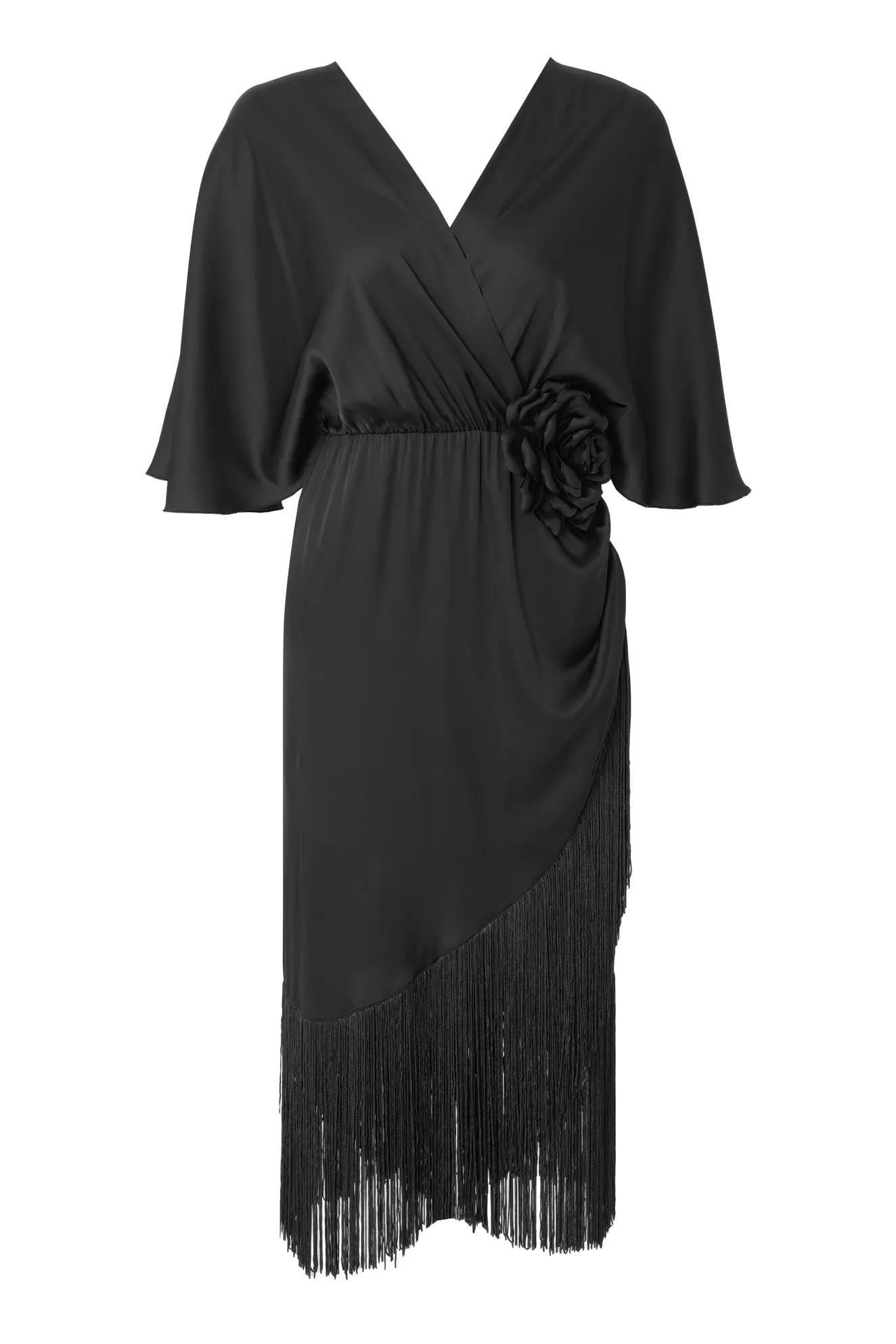 Black satin short sleeve midi dress