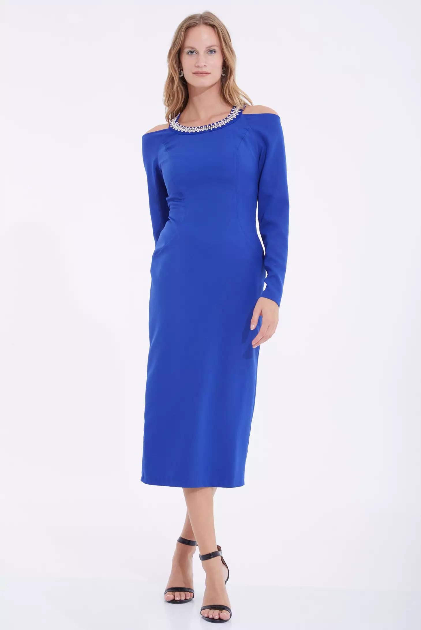 Blue straight long sleeve midi dress