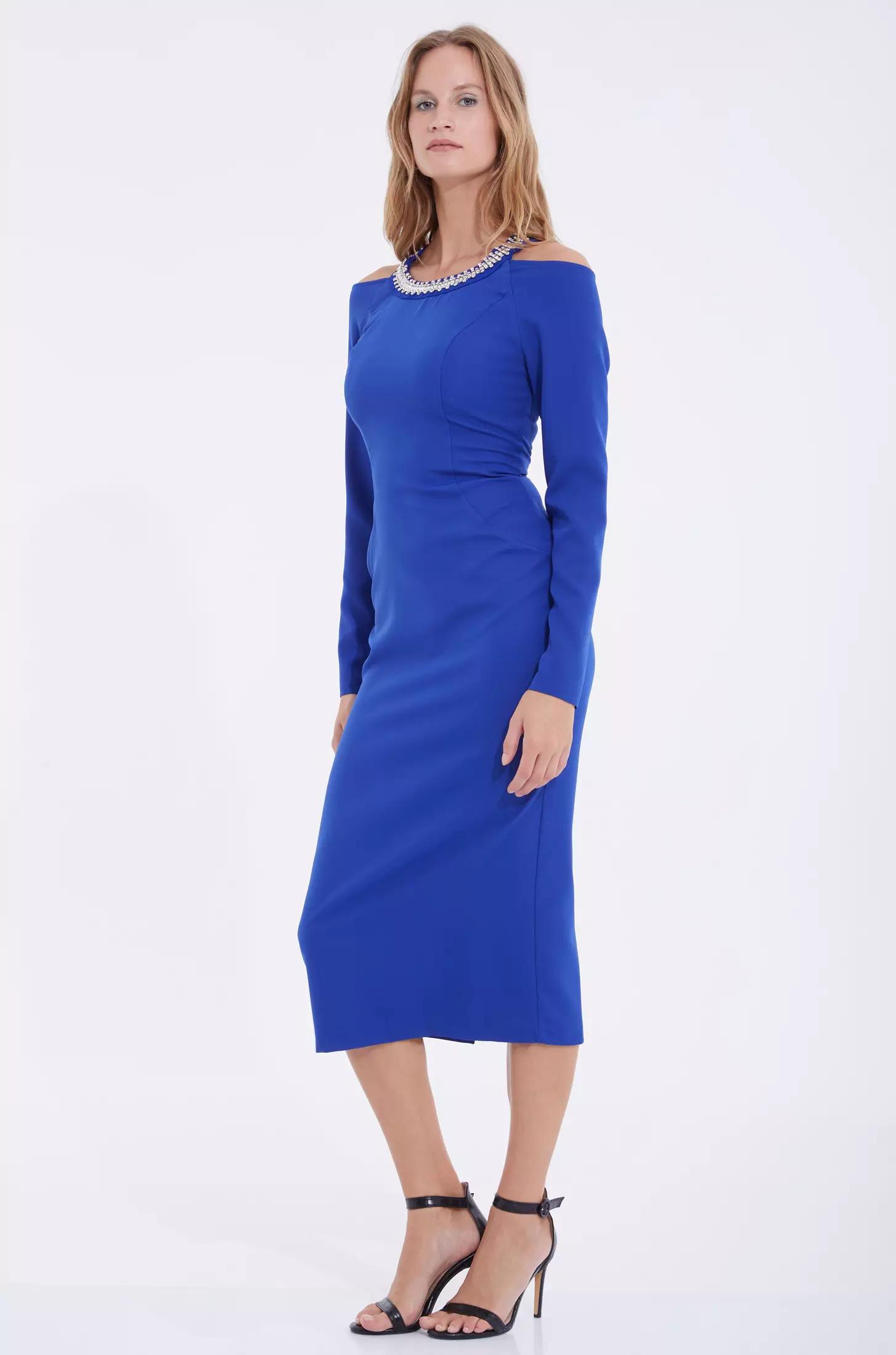 Blue straight long sleeve midi dress