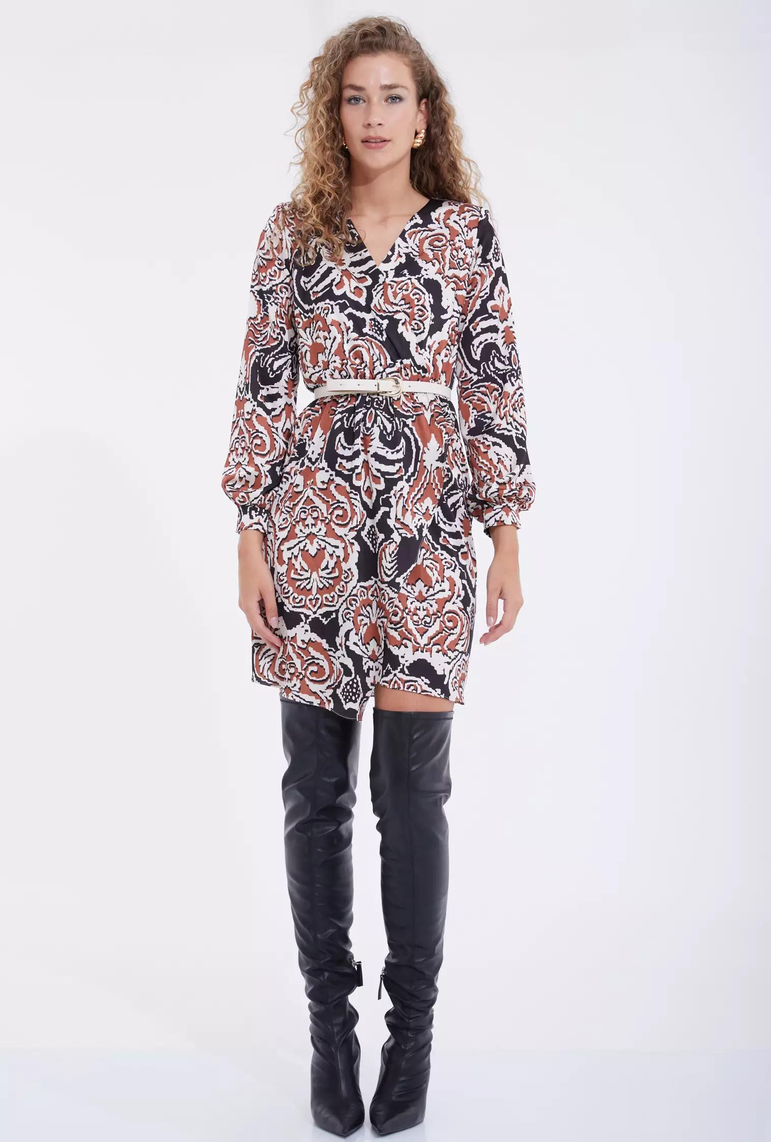 Printed satin long sleeve mini dress