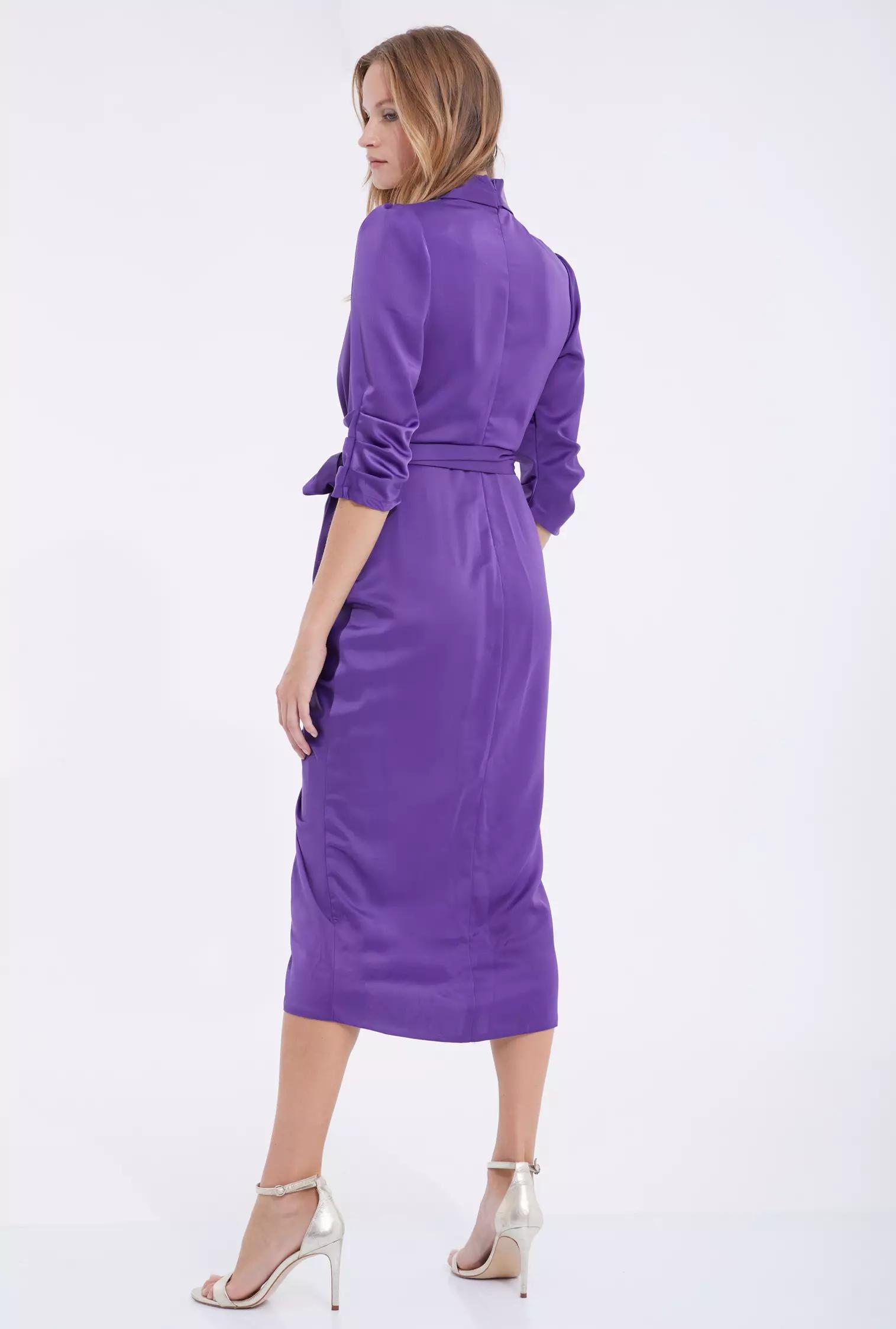 Purple satin 3/4 sleeve midi dress