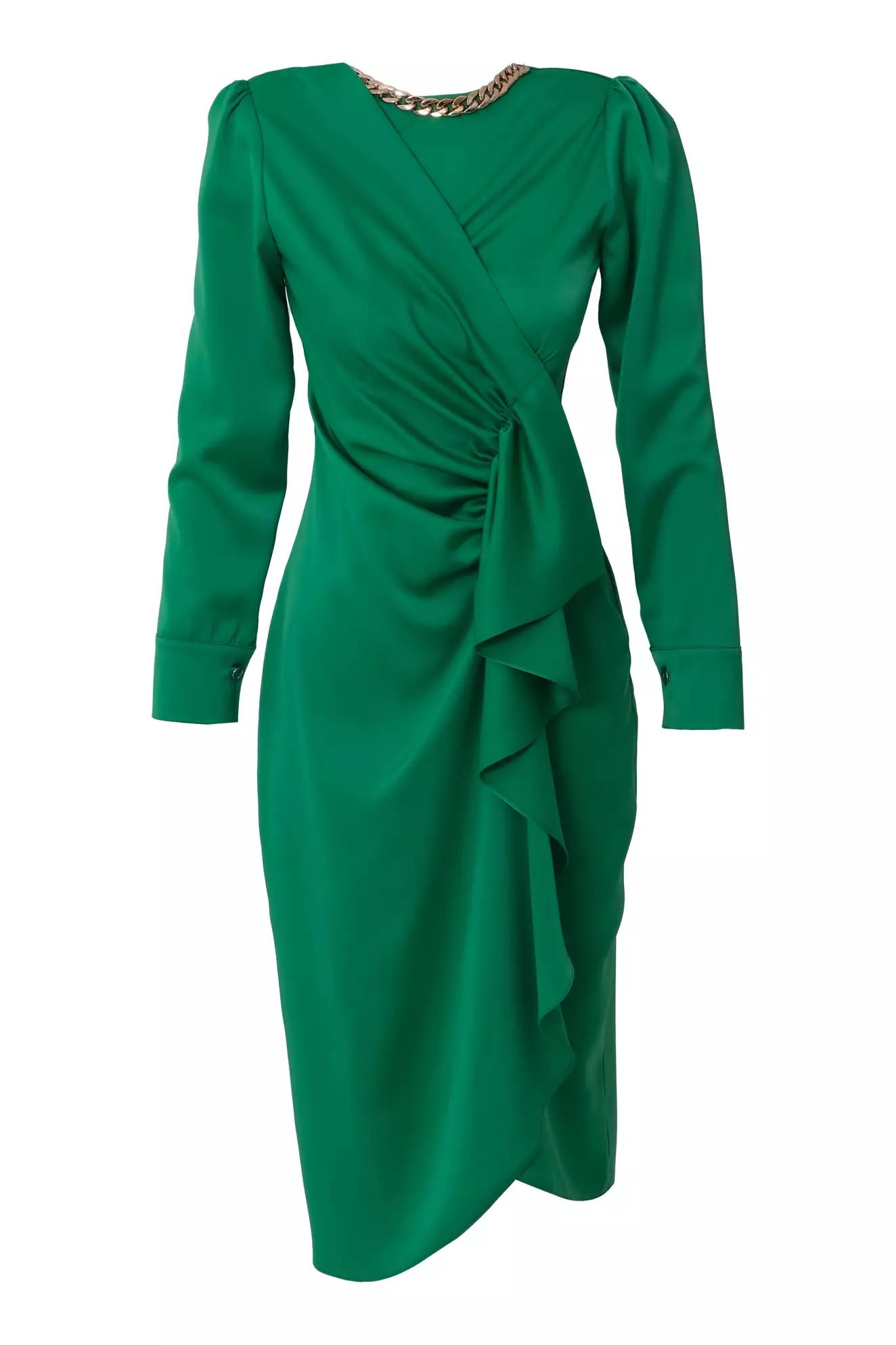 Green satin long sleeve midi dress