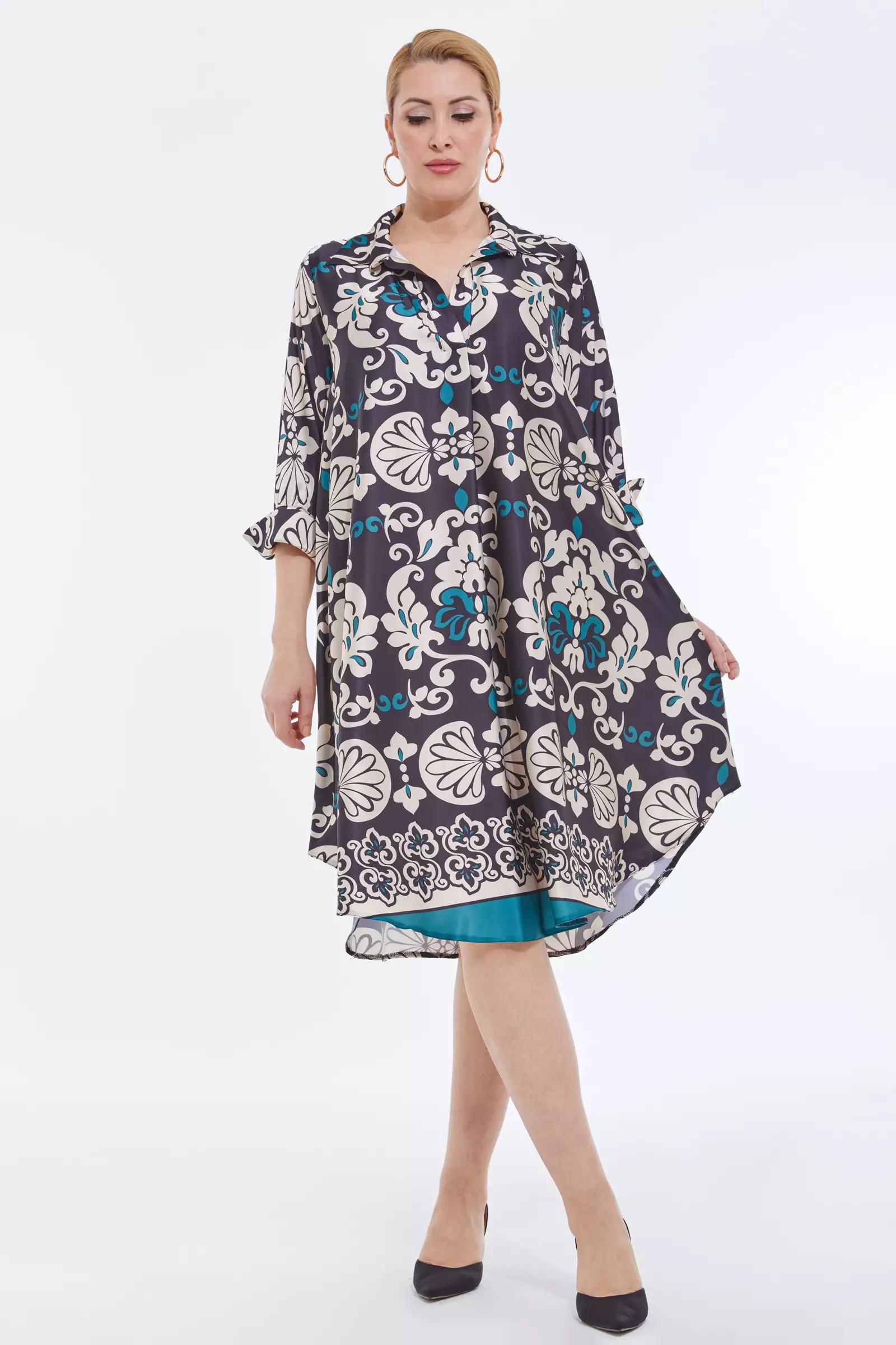 Printed plus size satin long sleeve midi dress