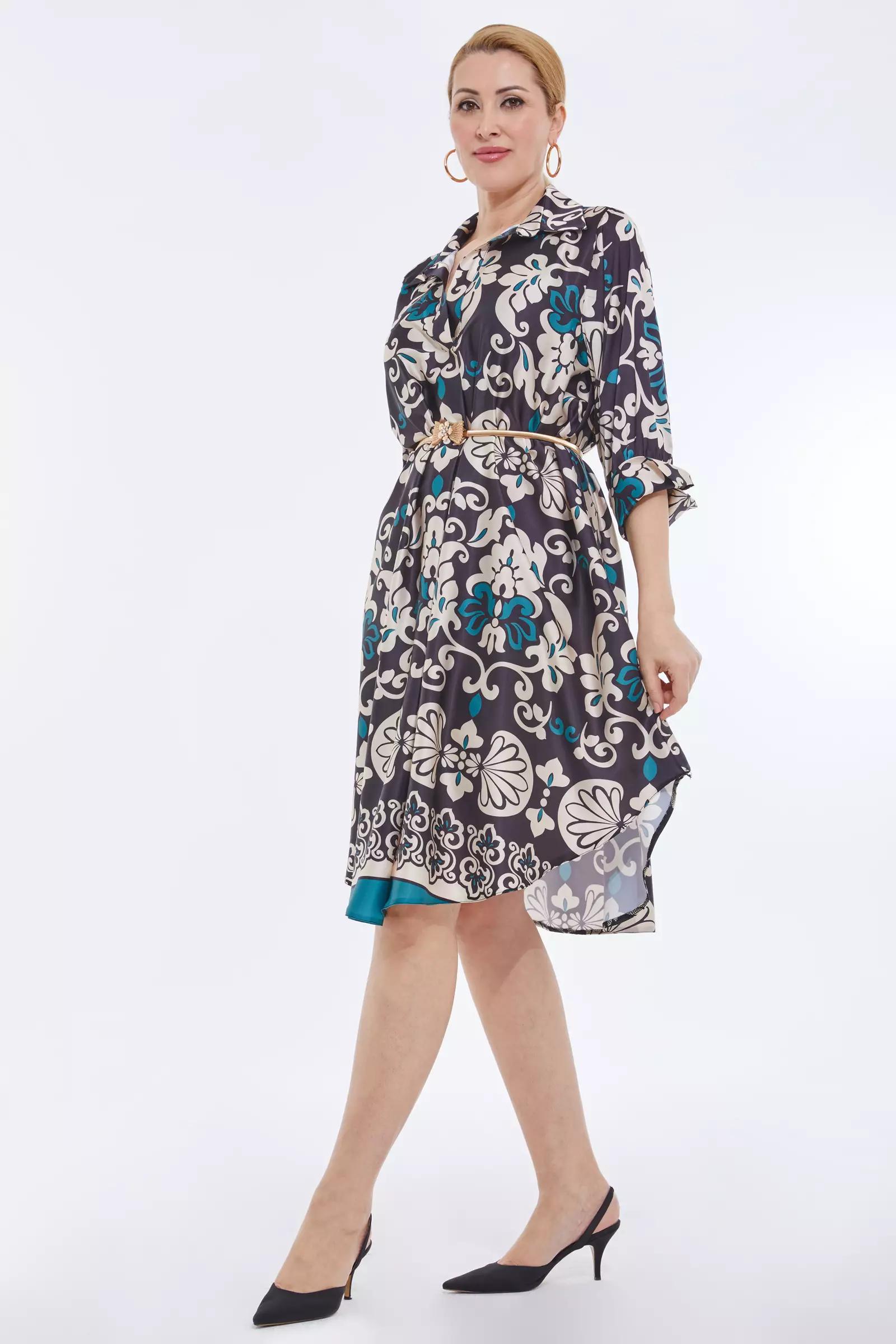 Printed plus size satin long sleeve midi dress