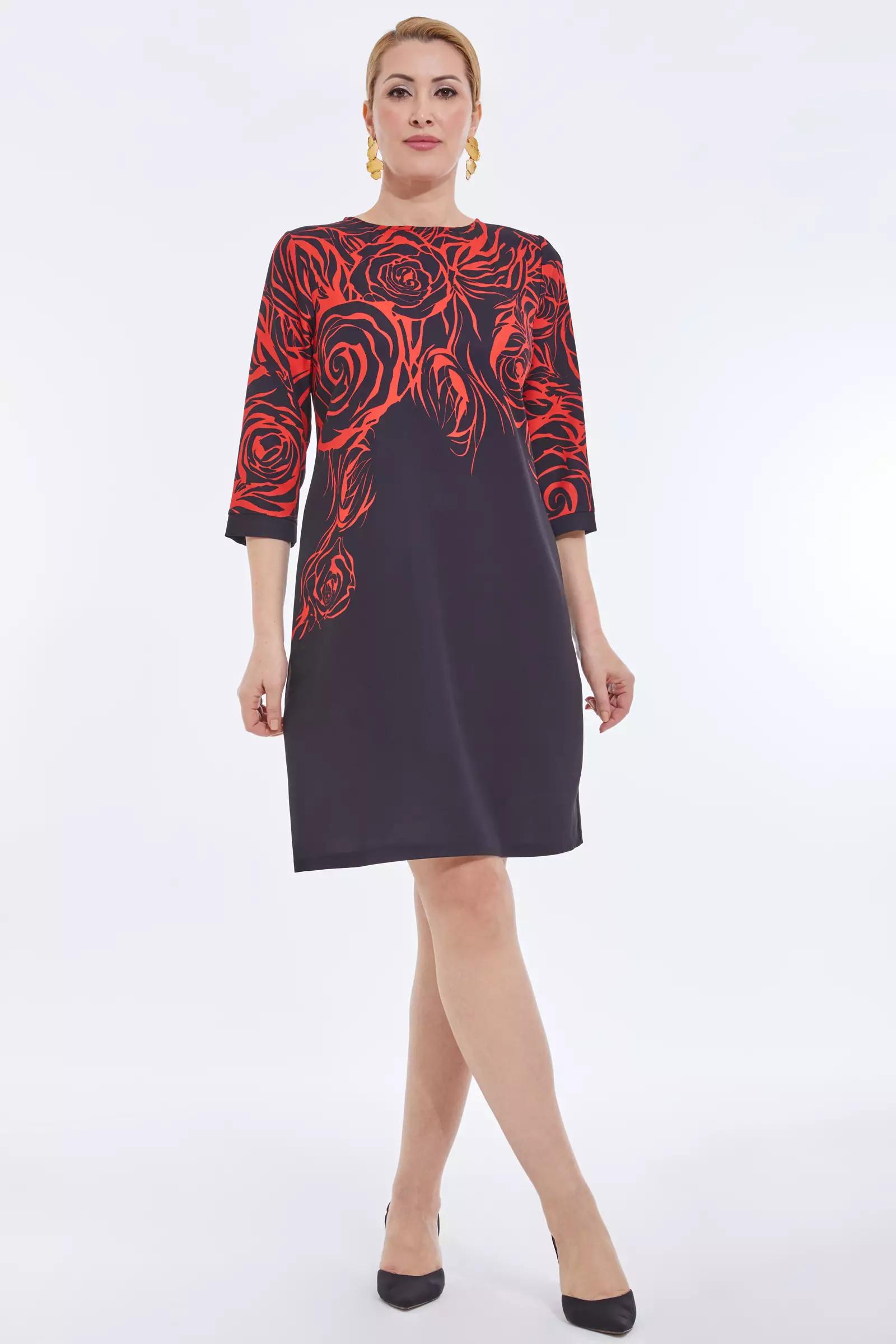 Printed plus size crepe 3/4 sleeve midi dress