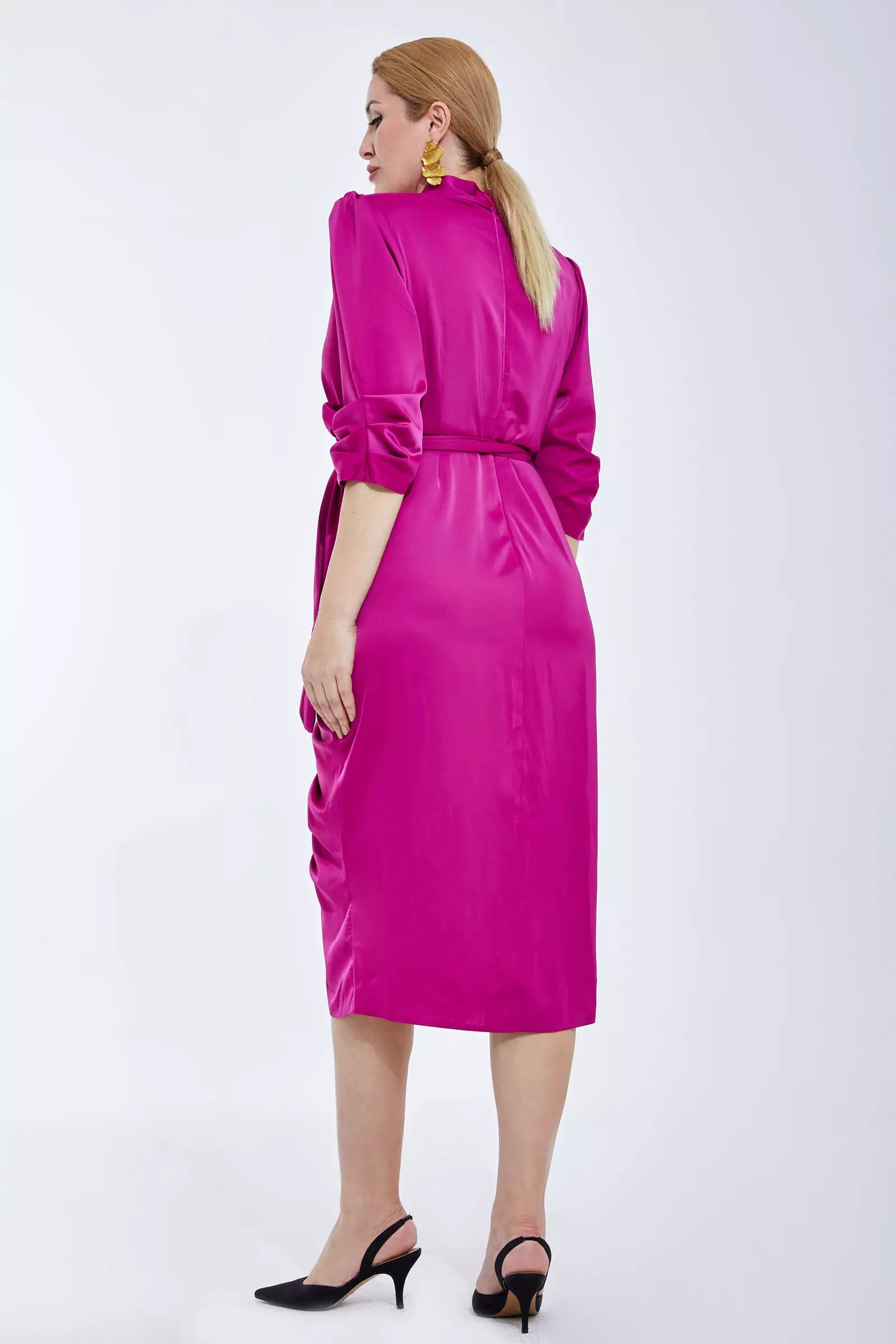 Fuchsia plus size satin 3/4 sleeve midi dress