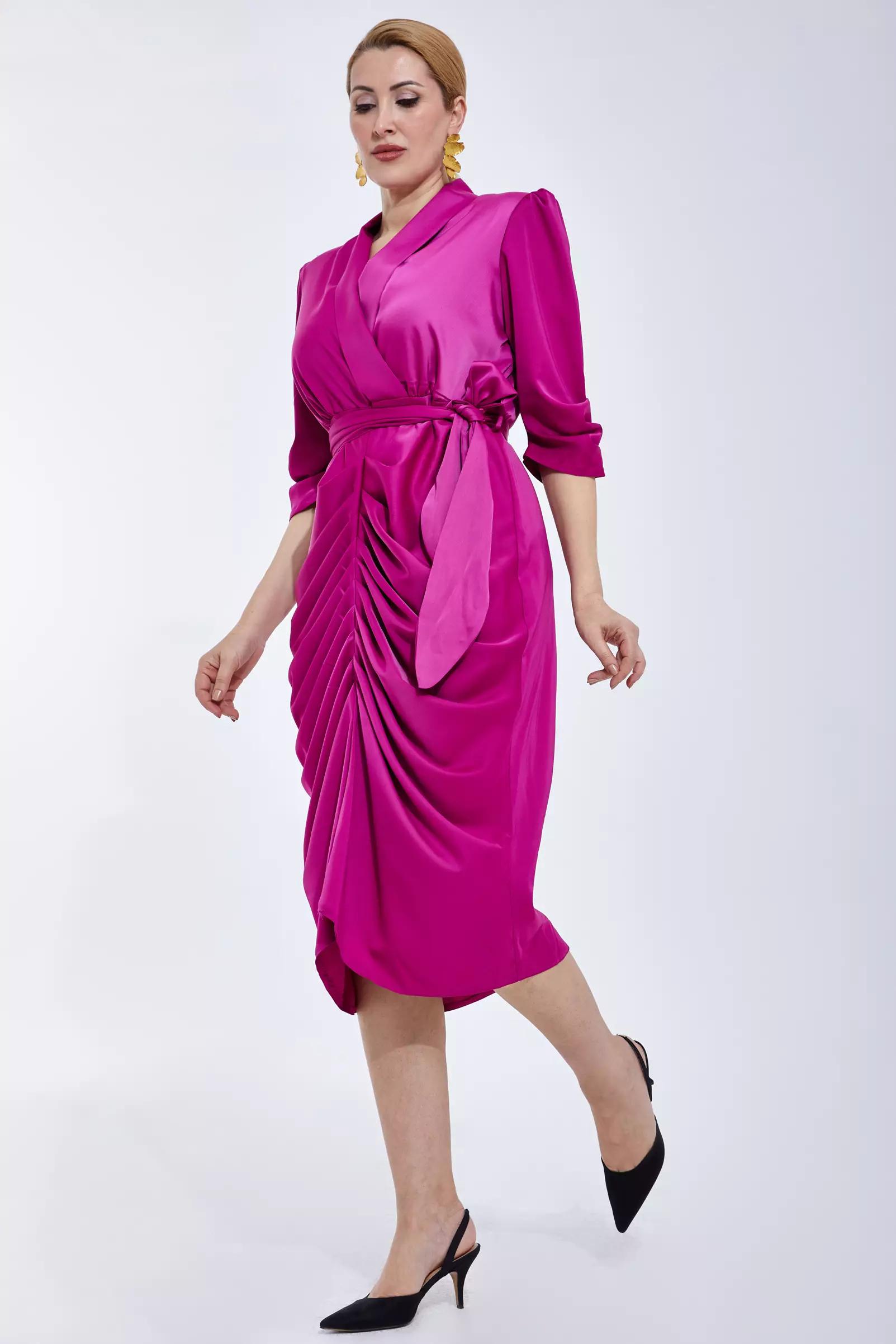 Fuchsia plus size satin 3/4 sleeve midi dress