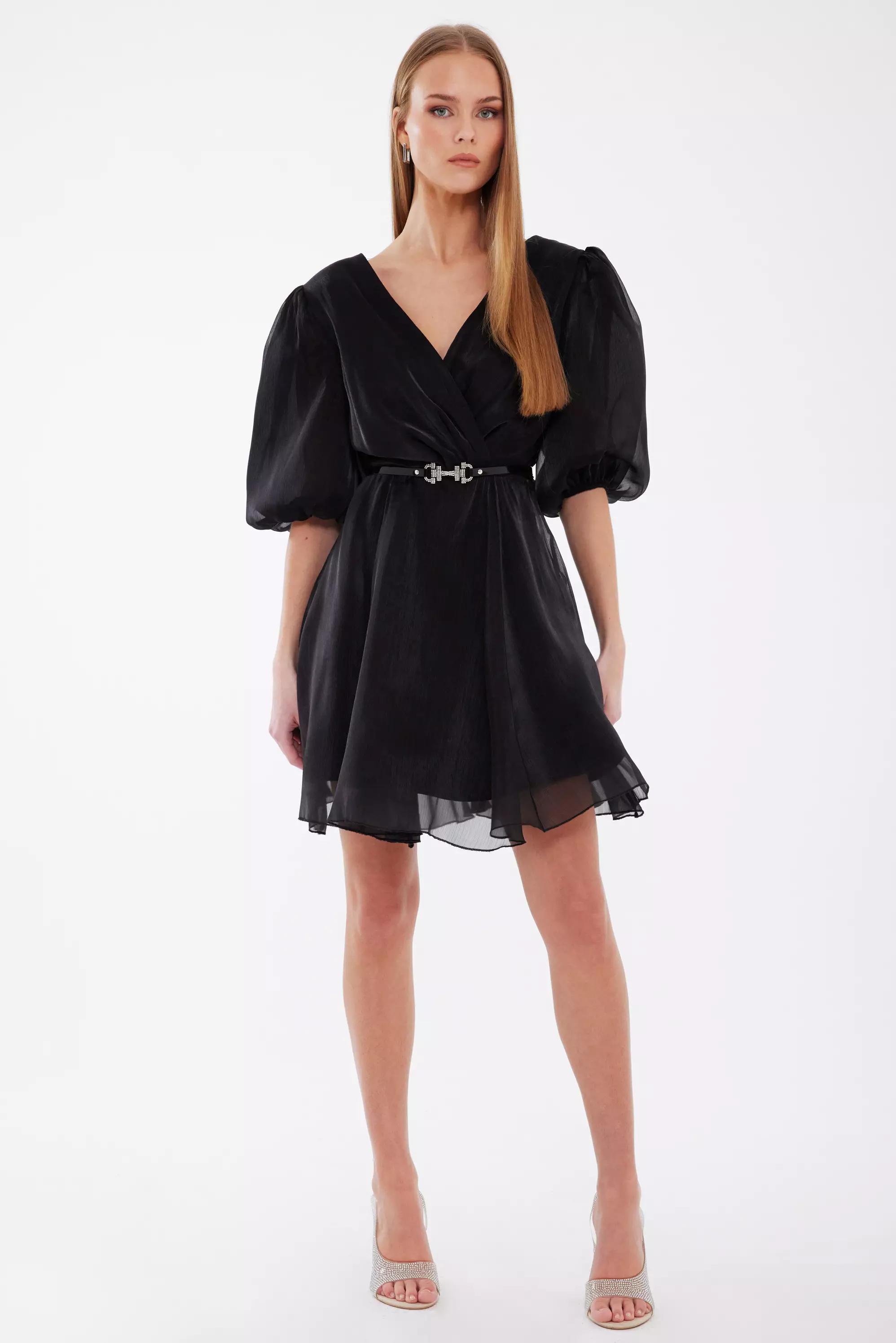 Black tulle short sleeve mini dress