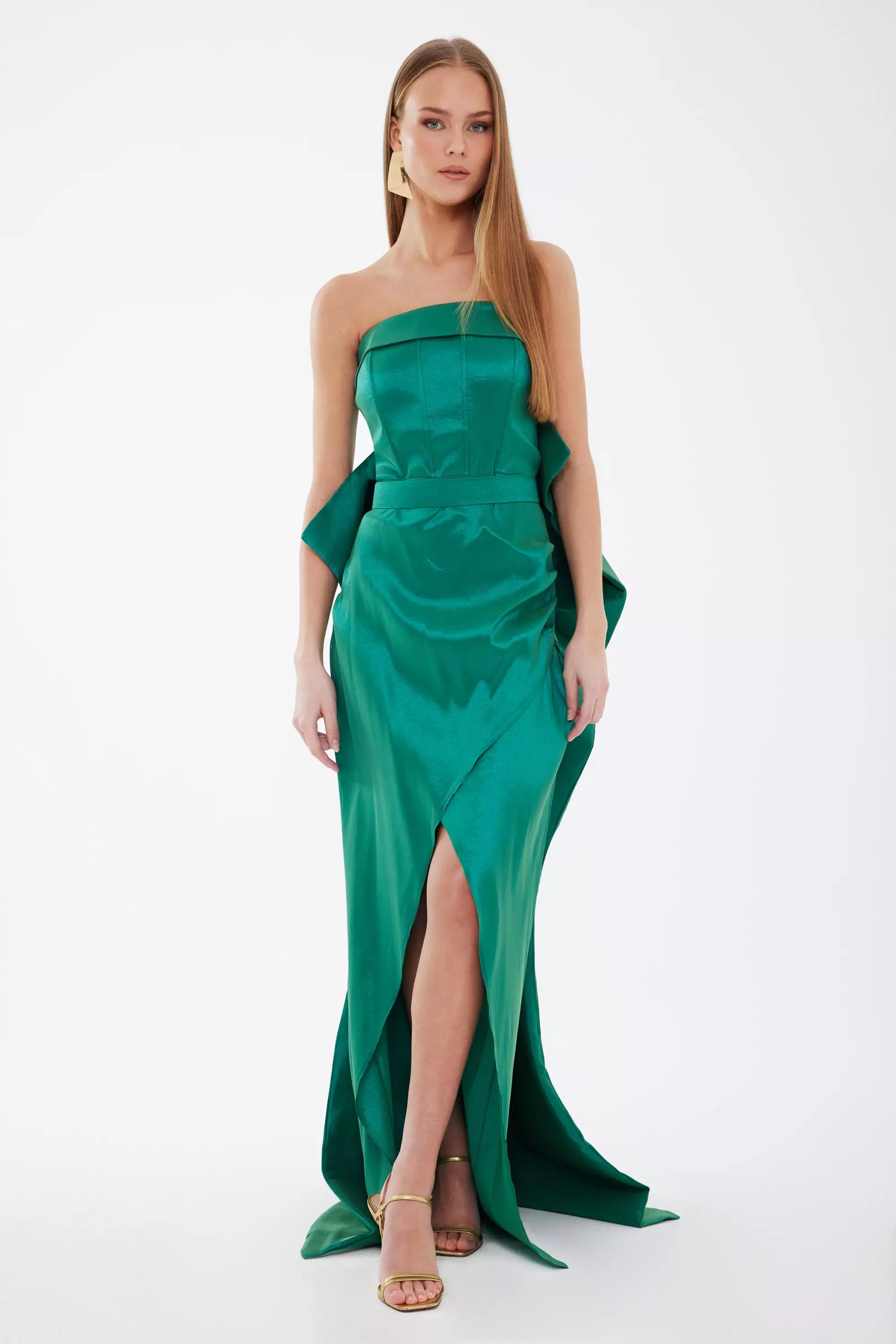 Green satin sleeveless maxi dress