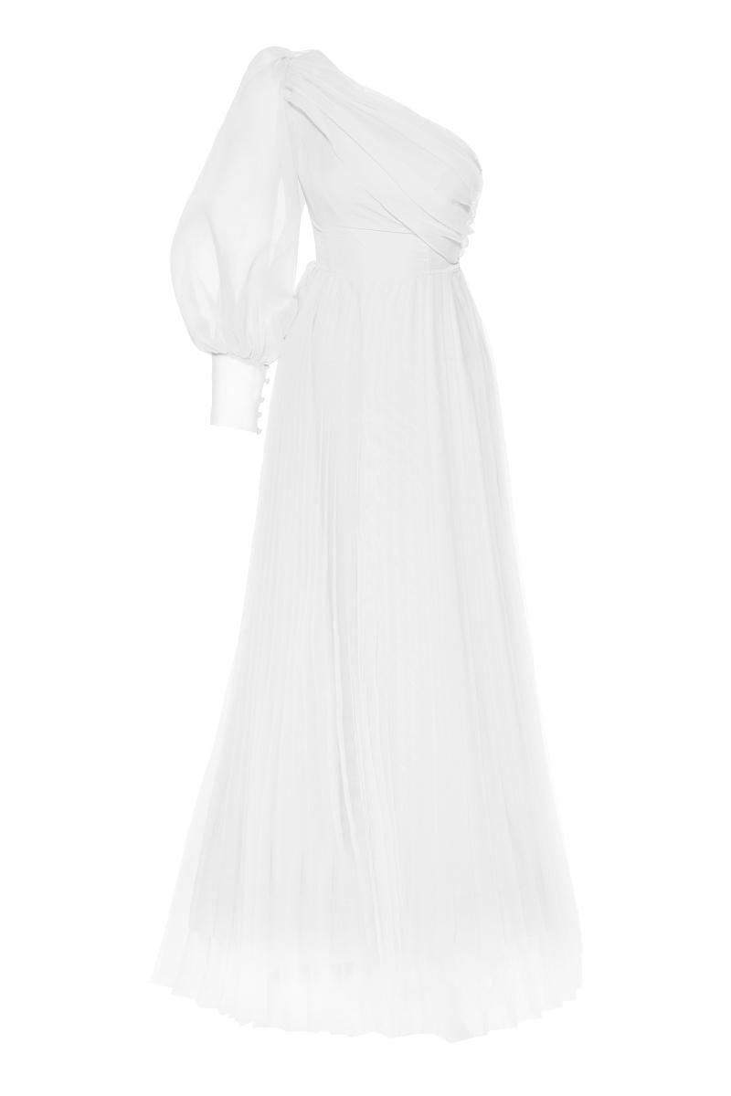 White plus size tulle single sleeve long dress