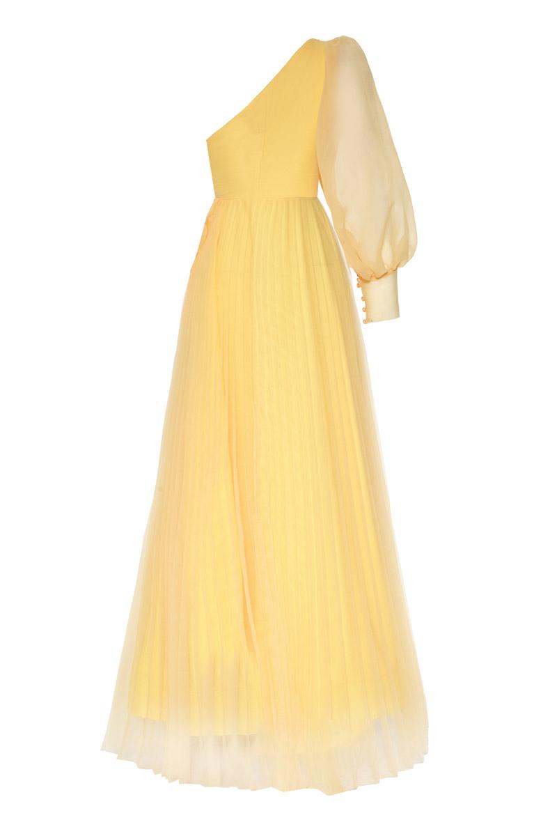 Yellow plus size tulle single sleeve long dress