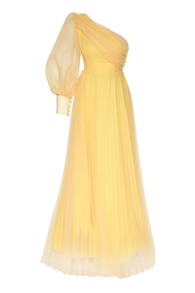 Yellow plus size tulle single sleeve long dress