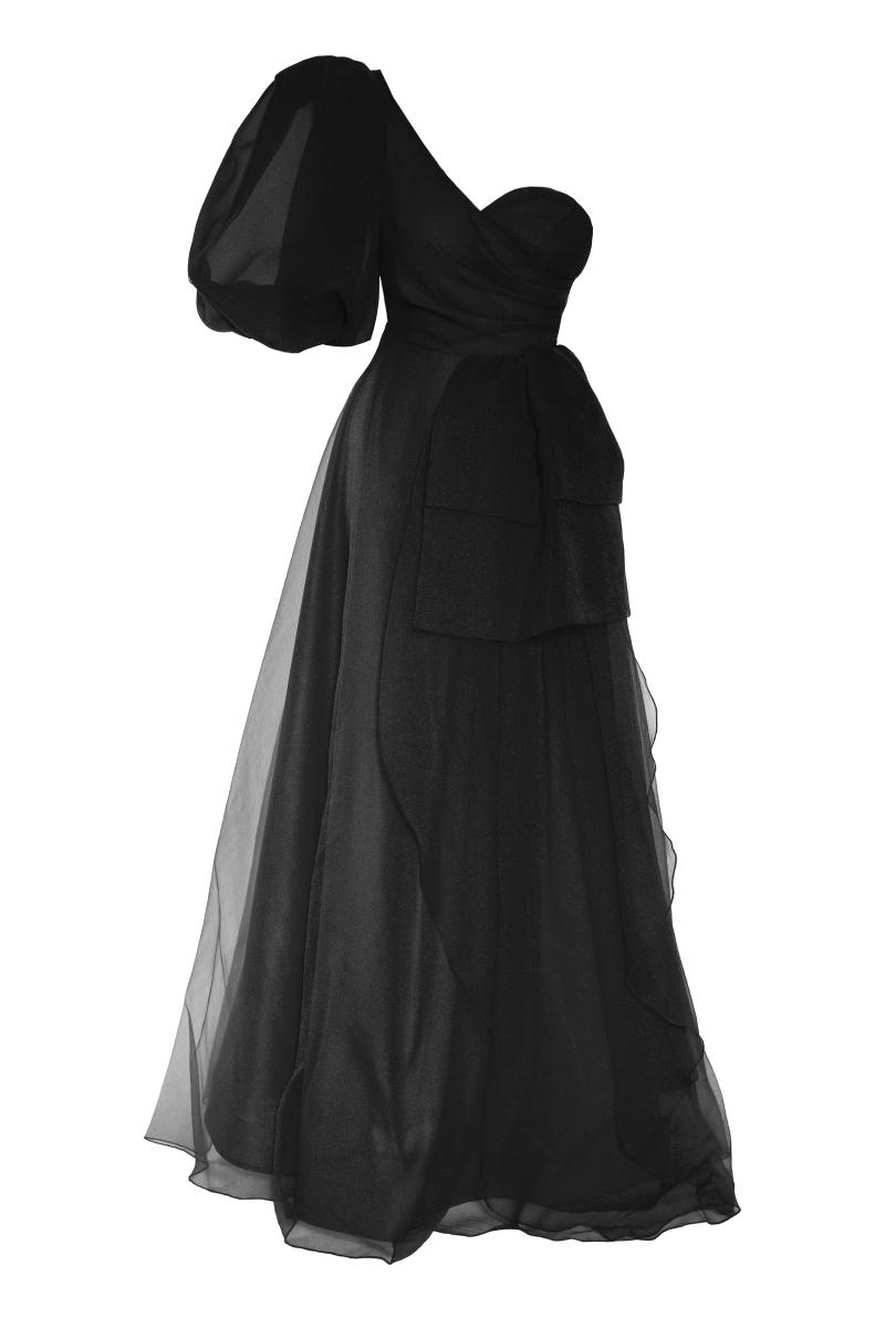 Black tulle single sleeve maxi dress