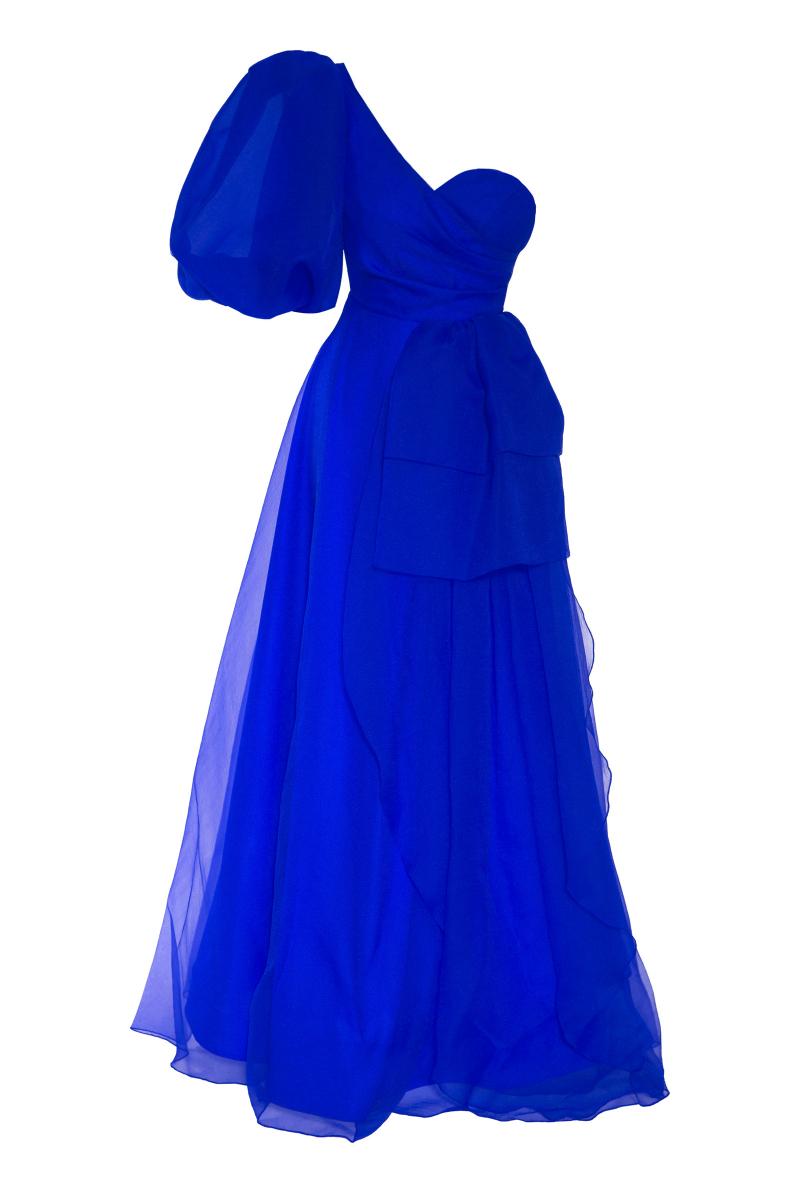 Blue tulle single sleeve maxi dress