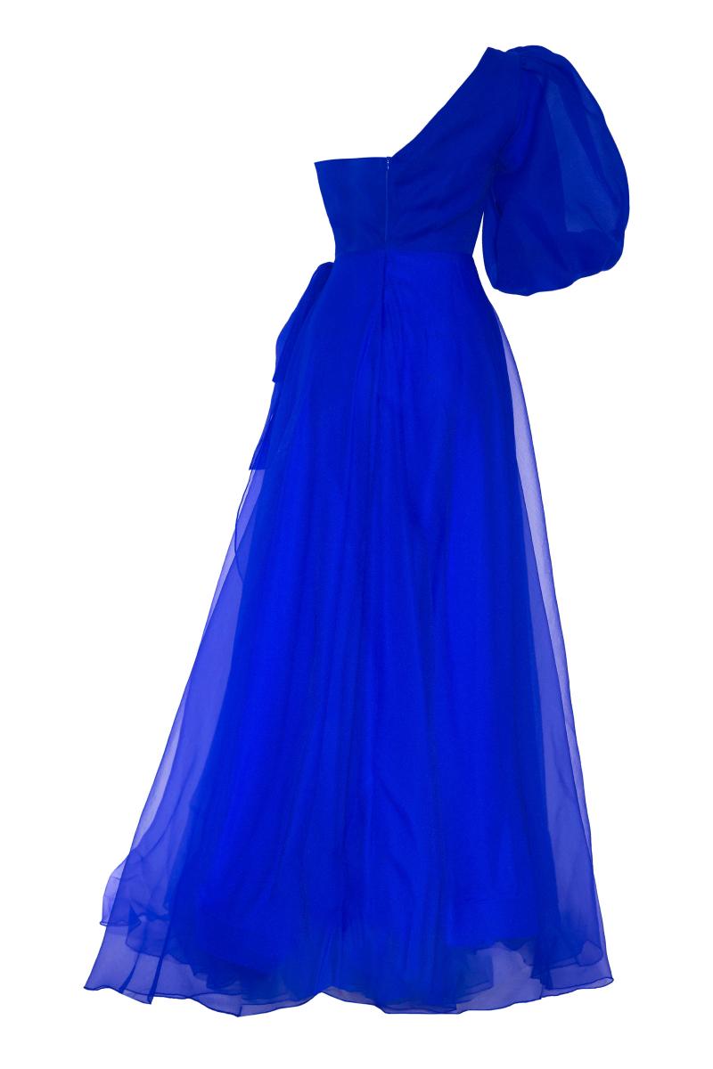Blue tulle single sleeve maxi dress