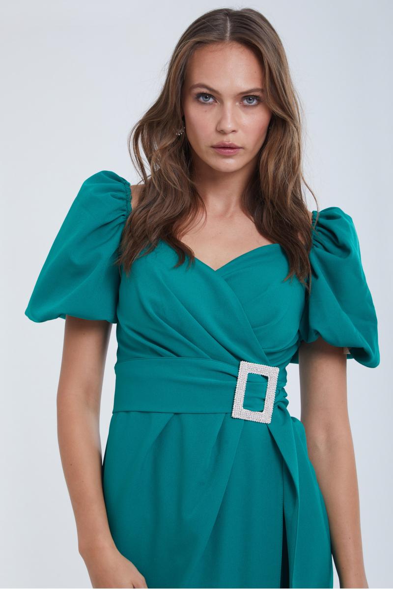 Green crepe short sleeve maxi dress